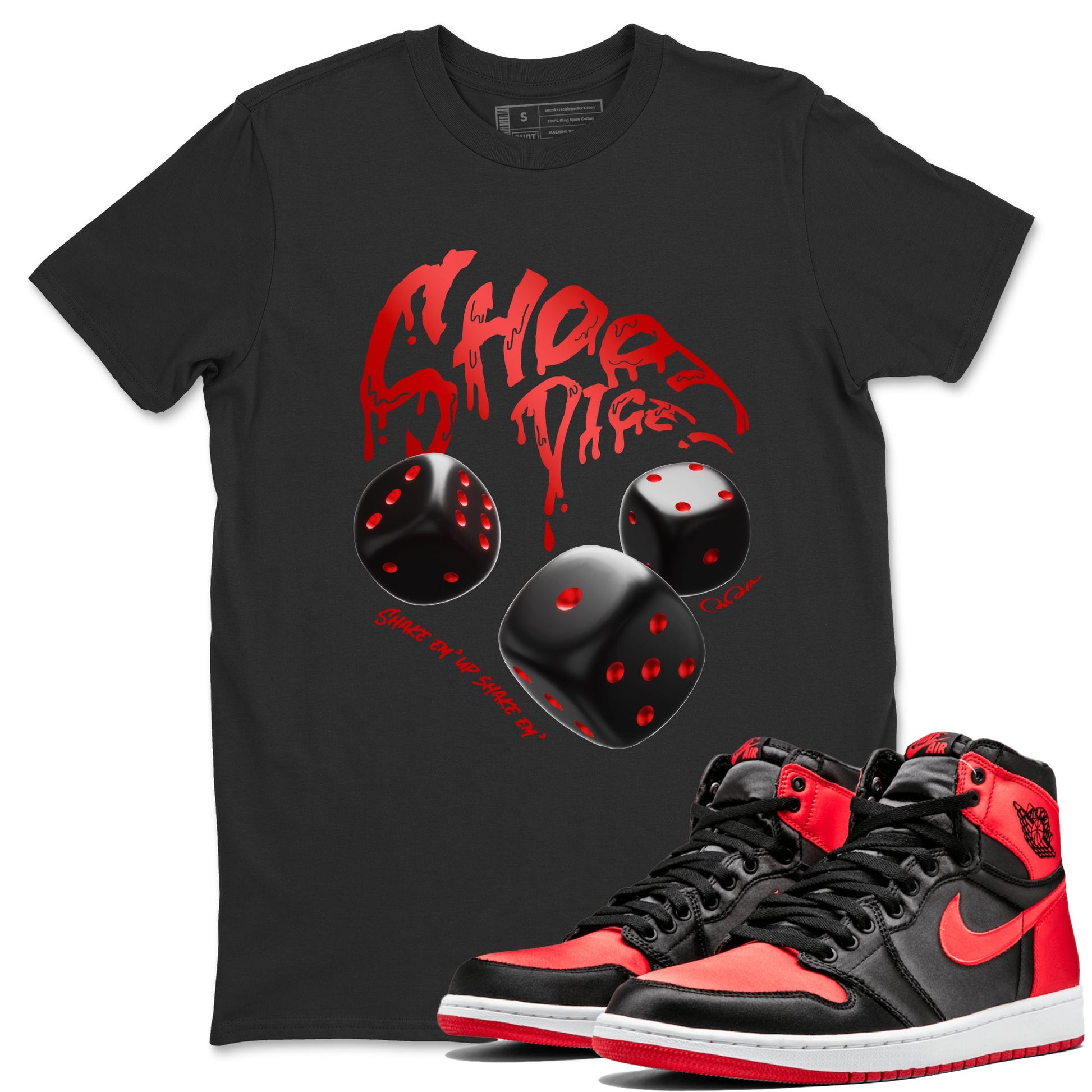 Air Jordan 1 Satin Bred Sneaker Match Tees Shoot Dice Sneaker Tees AJ1 Satin Bred Sneaker Release Tees Unisex Shirts Black 1