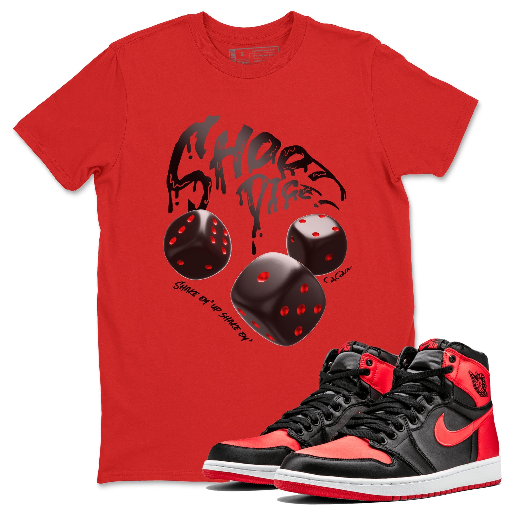 Air Jordan 1 Satin Bred Sneaker Match Tees Shoot Dice Sneaker Tees AJ1 Satin Bred Sneaker Release Tees Unisex Shirts Red 1