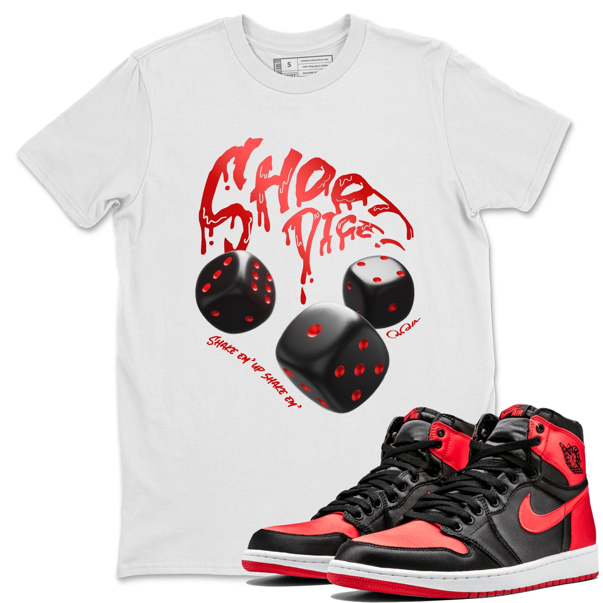 Air Jordan 1 Satin Bred Sneaker Match Tees Shoot Dice Sneaker Tees AJ1 Satin Bred Sneaker Release Tees Unisex Shirts White 1