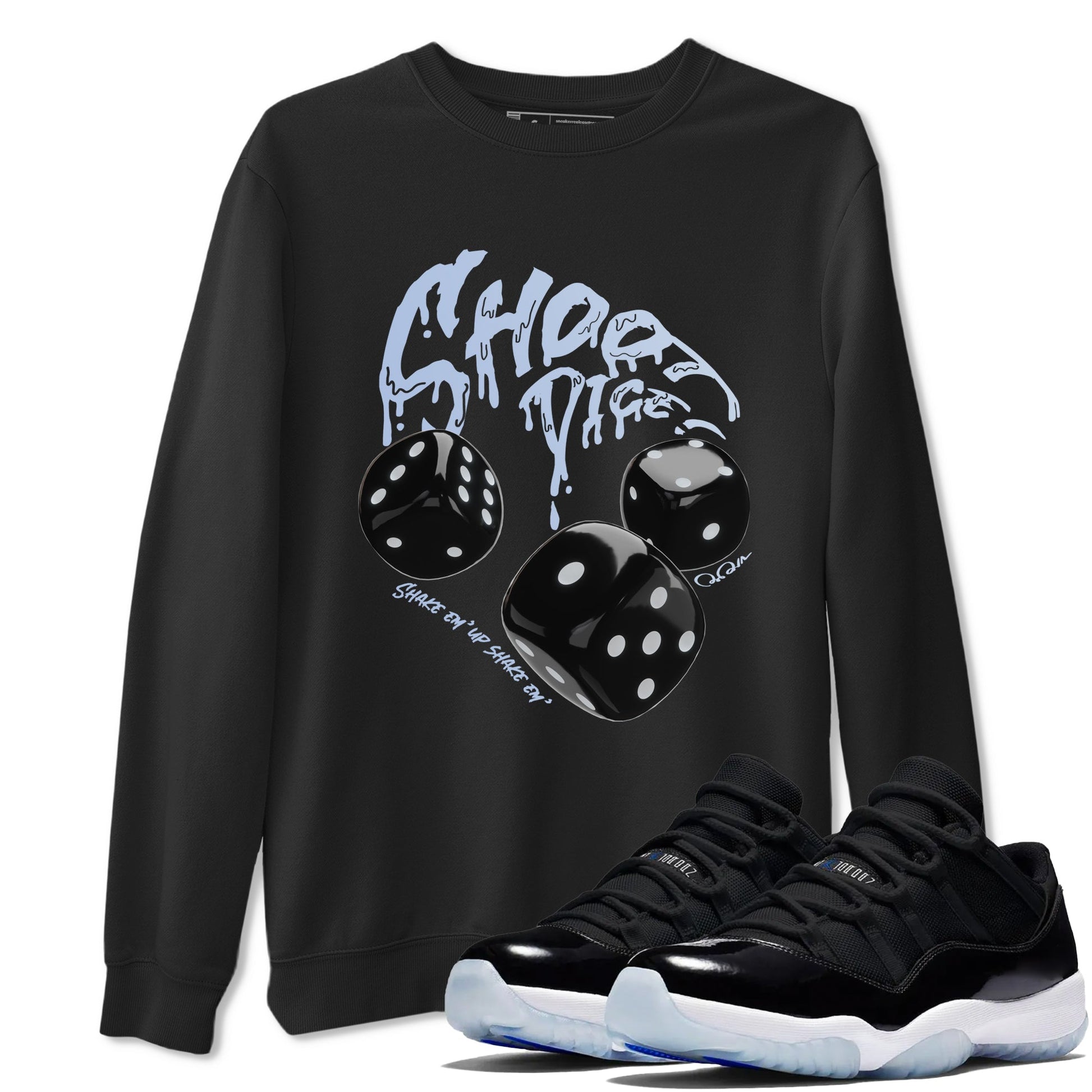 11s Black and Varsity Royal shirt to match jordans Shoot Dice sneaker tees Air Jordan 11 Black/Varsity Royal SNRT Sneaker Release Tees Unisex Black 1 T-Shirt