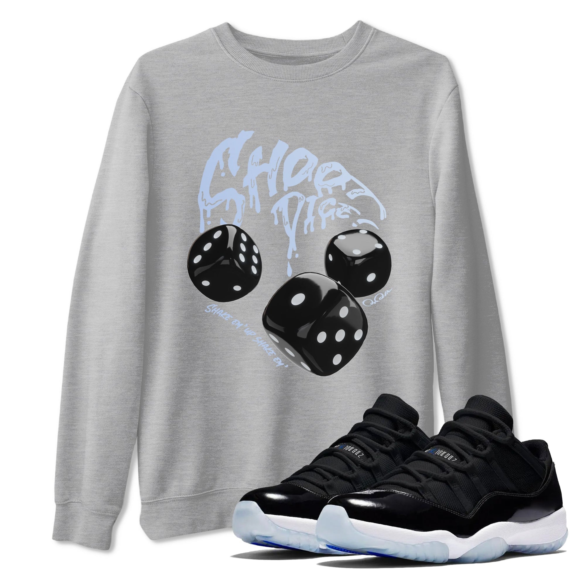 11s Black and Varsity Royal shirt to match jordans Shoot Dice sneaker tees Air Jordan 11 Black/Varsity Royal SNRT Sneaker Release Tees Unisex Heather Grey 1 T-Shirt