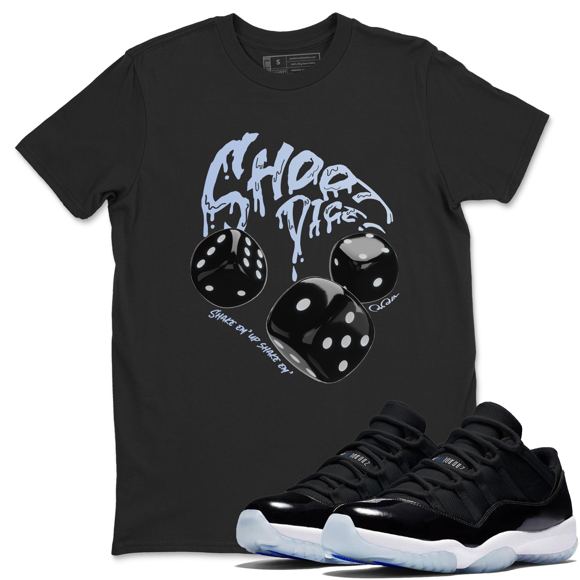 11s Black and Varsity Royal shirt to match jordans Shoot Dice sneaker tees Air Jordan 11 Black/Varsity Royal SNRT Sneaker Release Tees Unisex Black 1 T-Shirt