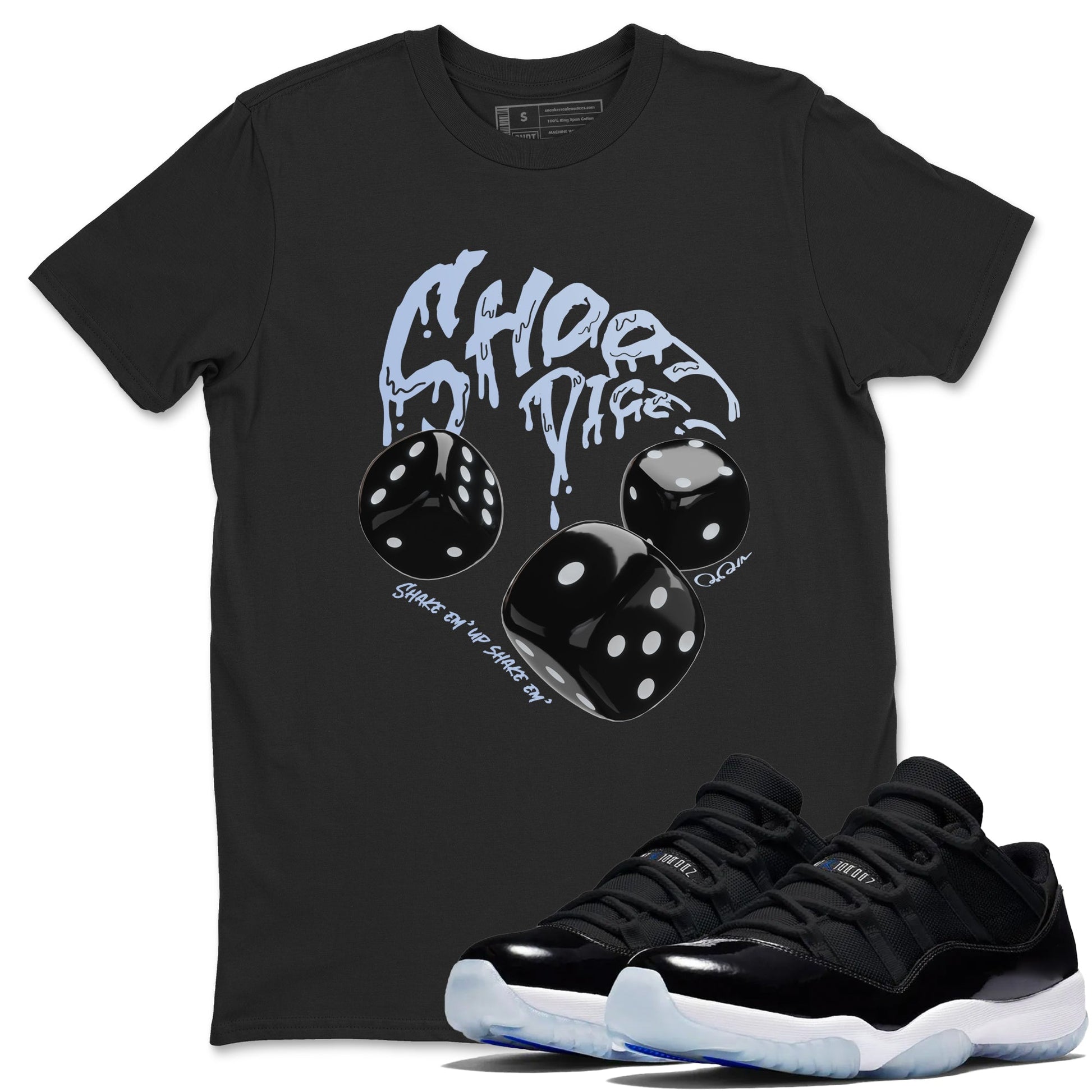 11s Black and Varsity Royal shirt to match jordans Shoot Dice sneaker tees Air Jordan 11 Black/Varsity Royal SNRT Sneaker Release Tees Unisex Black 1 T-Shirt