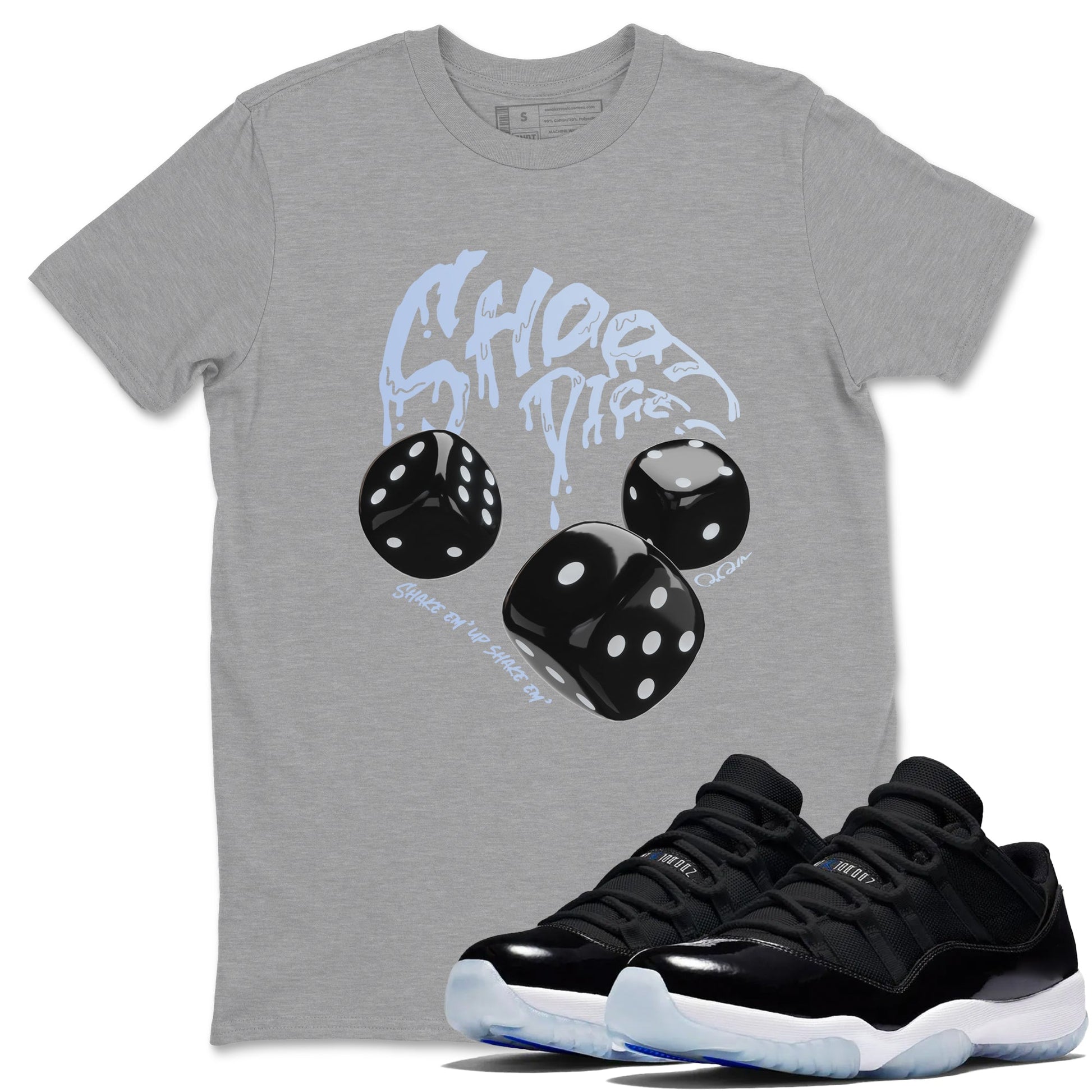 11s Black and Varsity Royal shirt to match jordans Shoot Dice sneaker tees Air Jordan 11 Black/Varsity Royal SNRT Sneaker Release Tees Unisex Heather Grey 1 T-Shirt