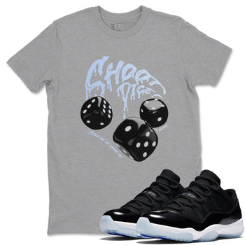 11s Black and Varsity Royal shirt to match jordans Shoot Dice sneaker tees Air Jordan 11 Black/Varsity Royal SNRT Sneaker Release Tees Unisex Heather Grey 1 T-Shirt