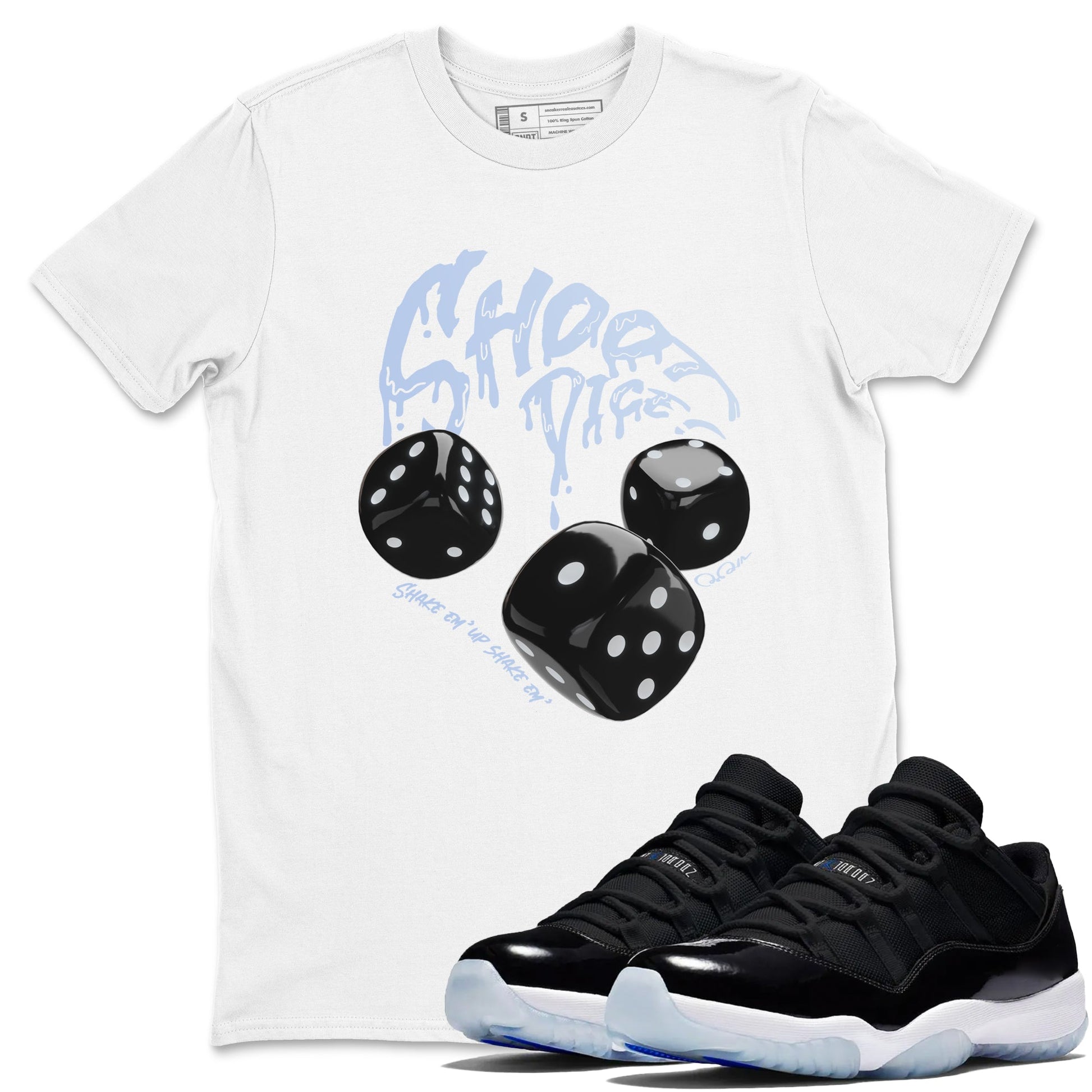 11s Black and Varsity Royal shirt to match jordans Shoot Dice sneaker tees Air Jordan 11 Black/Varsity Royal SNRT Sneaker Release Tees Unisex White 1 T-Shirt