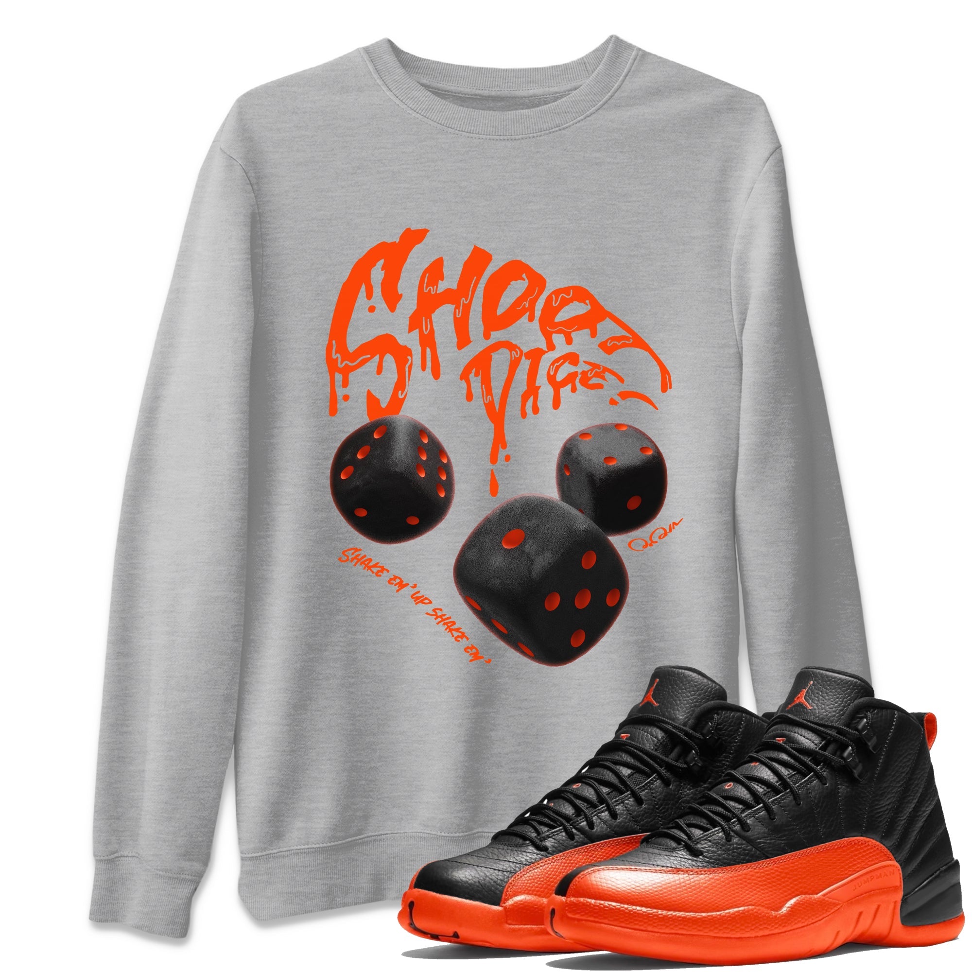 Air Jordan 12 Brilliant Orange Sneaker Match Tees Shoot Dice Sneaker Tees AJ1 OG High2 Brilliant Orange Sneaker Release Tees Unisex Shirts Heather Grey 1
