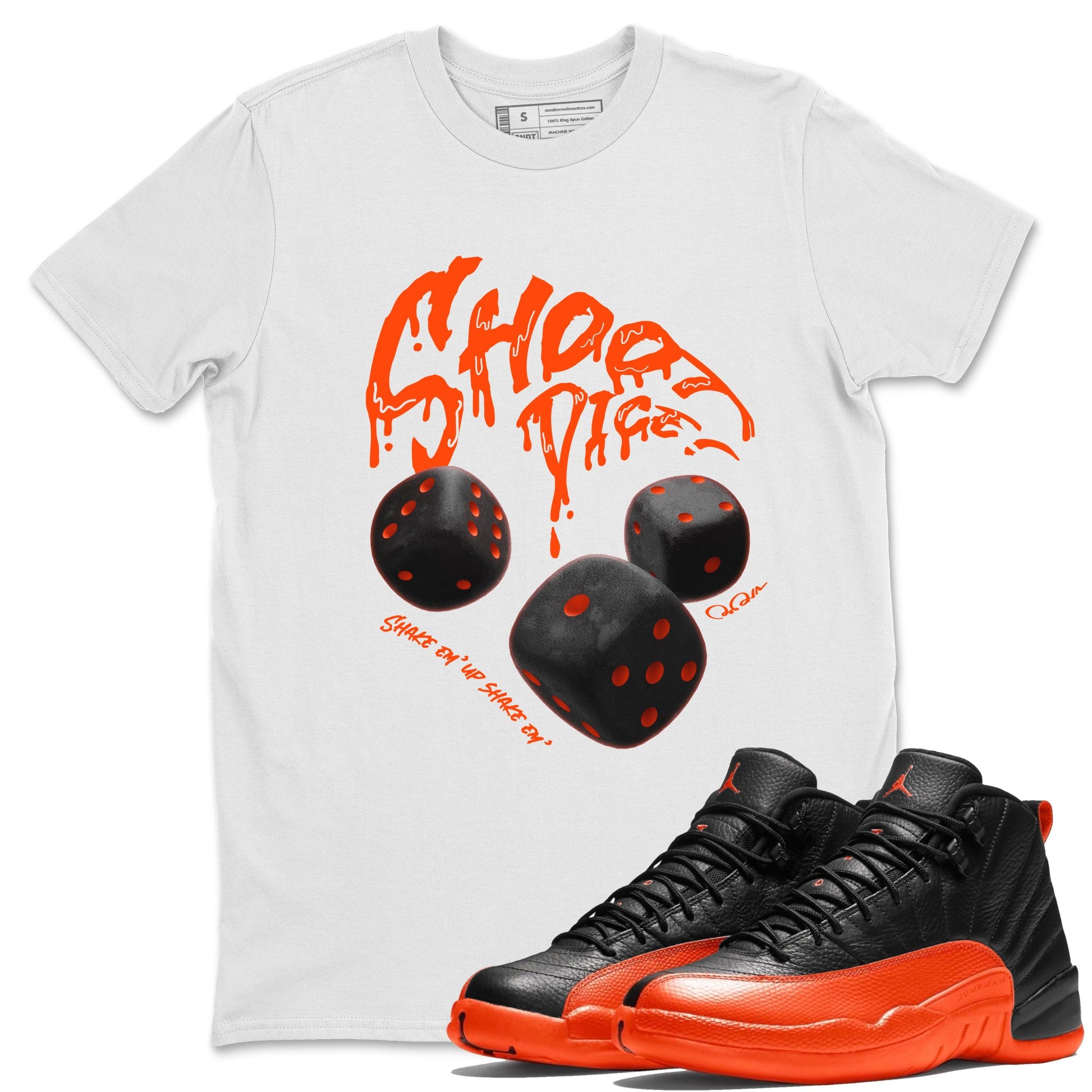 Air Jordan 12 Brilliant Orange Sneaker Match Tees Shoot Dice Sneaker Tees AJ1 OG High2 Brilliant Orange Sneaker Release Tees Unisex Shirts White 1