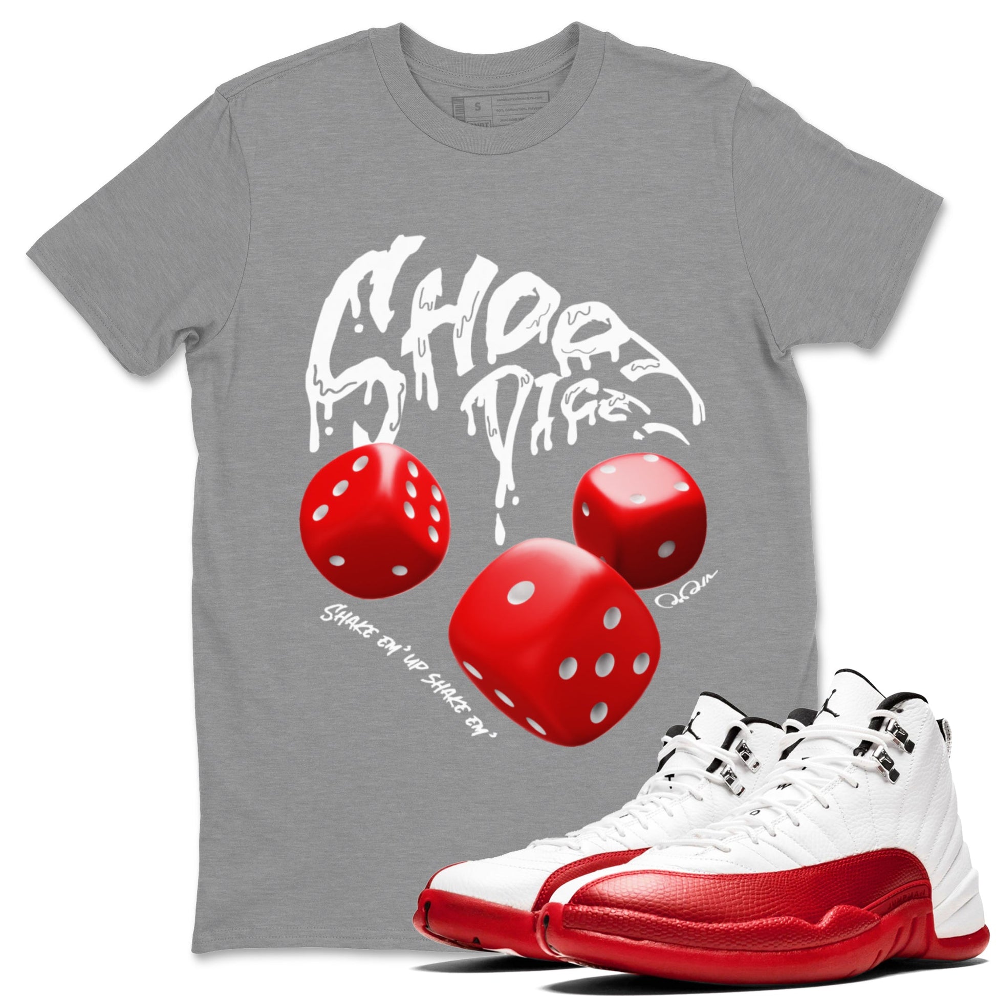 Air Jordan 12 Cherry Sneaker Match Tees Shoot Dice Sneaker Tees AJ12 Cherry Sneaker Release Tees Unisex Shirts Heather Grey 1