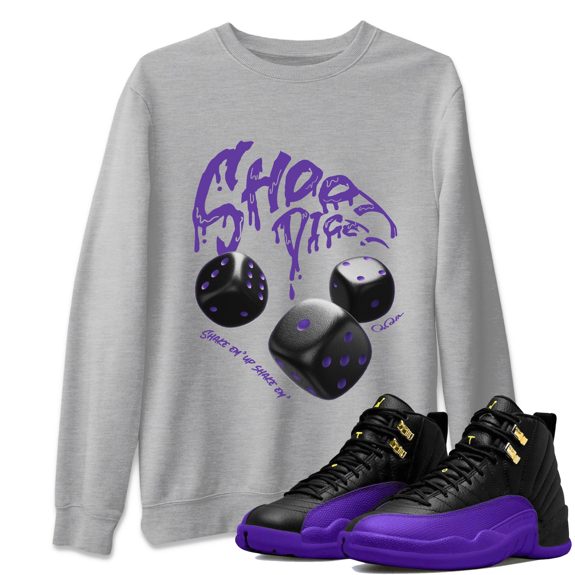 Air Jordan 12 Field Purple Sneaker Match Tees Shoot Dice Sneaker Tees AJ1 OG High2 Field Purple Sneaker Release Tees Unisex Shirts Heather Grey 1