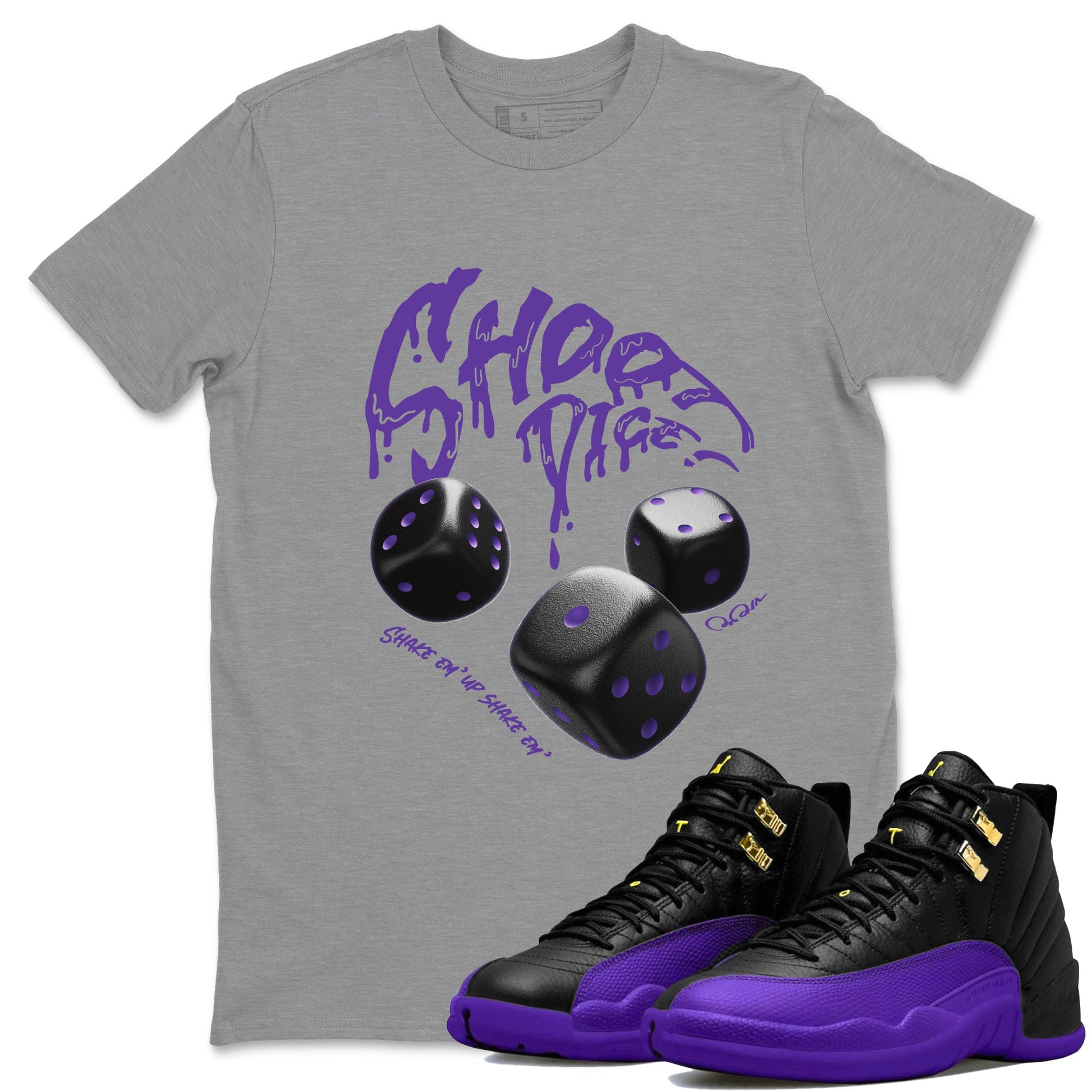 Air Jordan 12 Field Purple Sneaker Match Tees Shoot Dice Sneaker Tees AJ1 OG High2 Field Purple Sneaker Release Tees Unisex Shirts Heather Grey 1