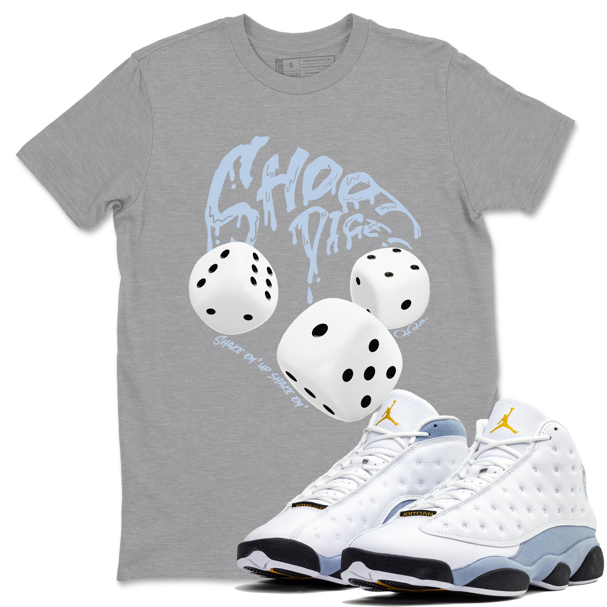 Air Jordan 13 Blue Grey shirt to match jordans Shoot Dice sneaker tees AJ13 Blue Grey SNRT Sneaker Release Tees unisex cotton Heather Grey 1 crew neck shirt