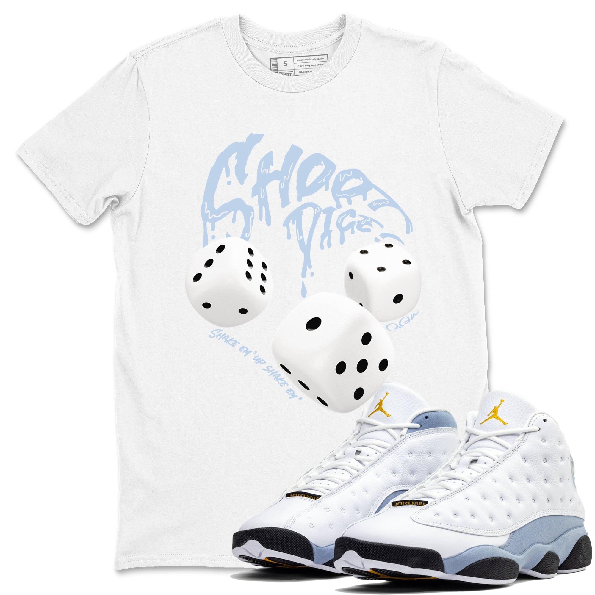 Air Jordan 13 Blue Grey shirt to match jordans Shoot Dice sneaker tees AJ13 Blue Grey SNRT Sneaker Release Tees unisex cotton White 1 crew neck shirt