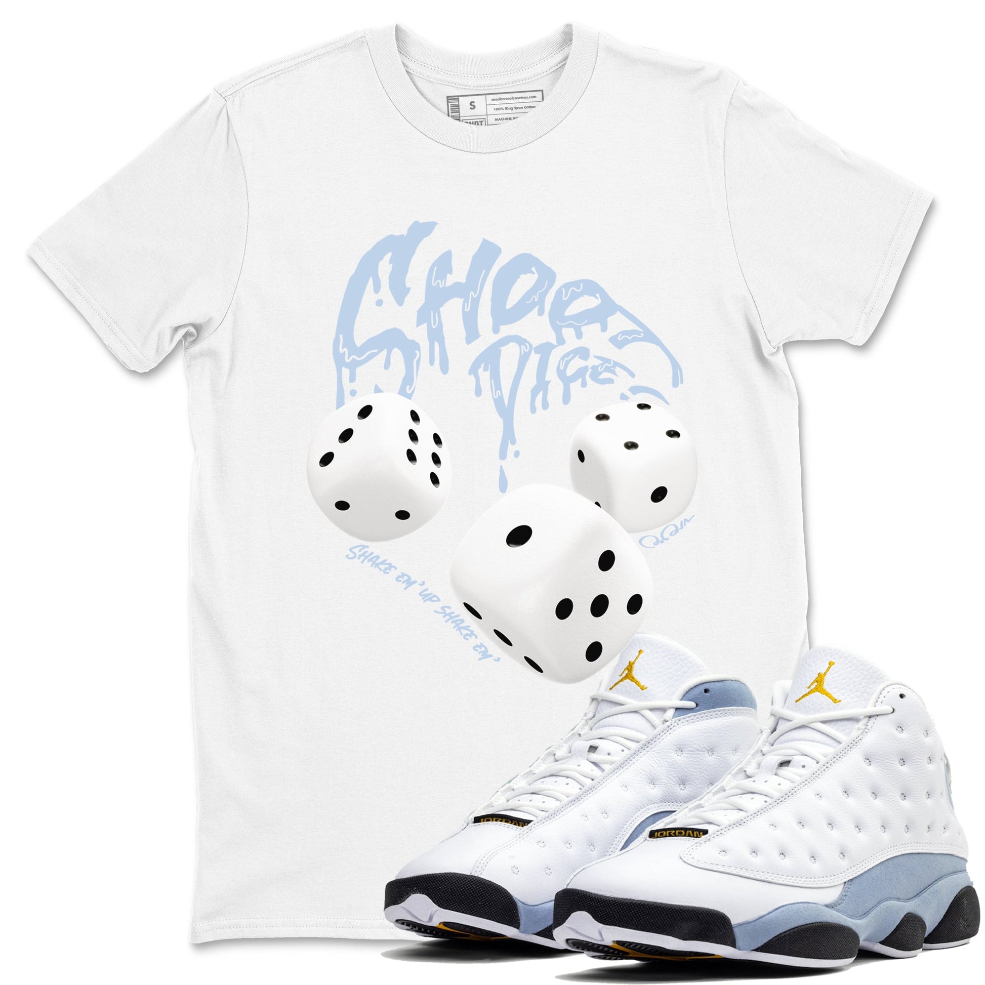 Air Jordan 13 Blue Grey shirt to match jordans Shoot Dice sneaker tees AJ13 Blue Grey SNRT Sneaker Release Tees unisex cotton White 1 crew neck shirt