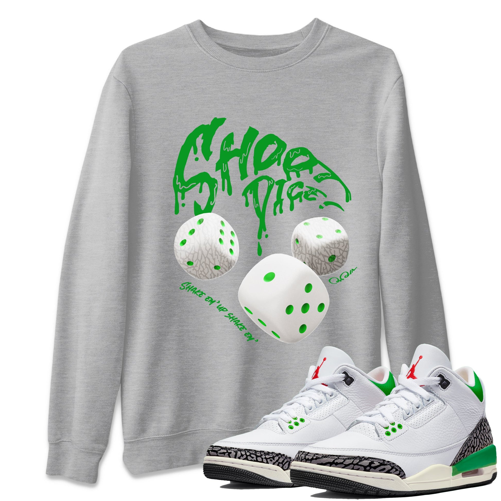 Air Jordan 3 Lucky Green Sneaker Match Tees Shoot Dice Sneaker Tees AJ3 Lucky Green Sneaker Release Tees Unisex Shirts Heather Grey 1