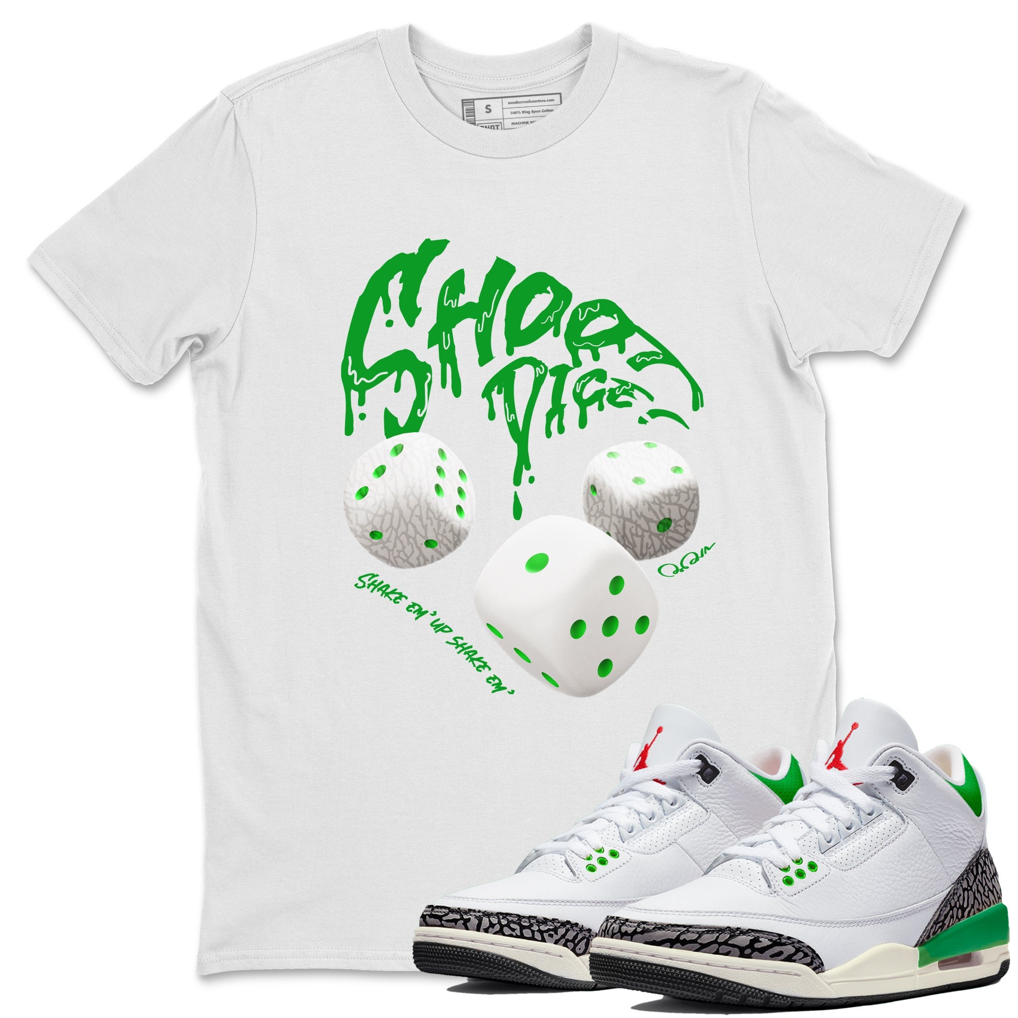 Air Jordan 3 Lucky Green Sneaker Match Tees Shoot Dice Sneaker Tees AJ3 Lucky Green Sneaker Release Tees Unisex Shirts White 1