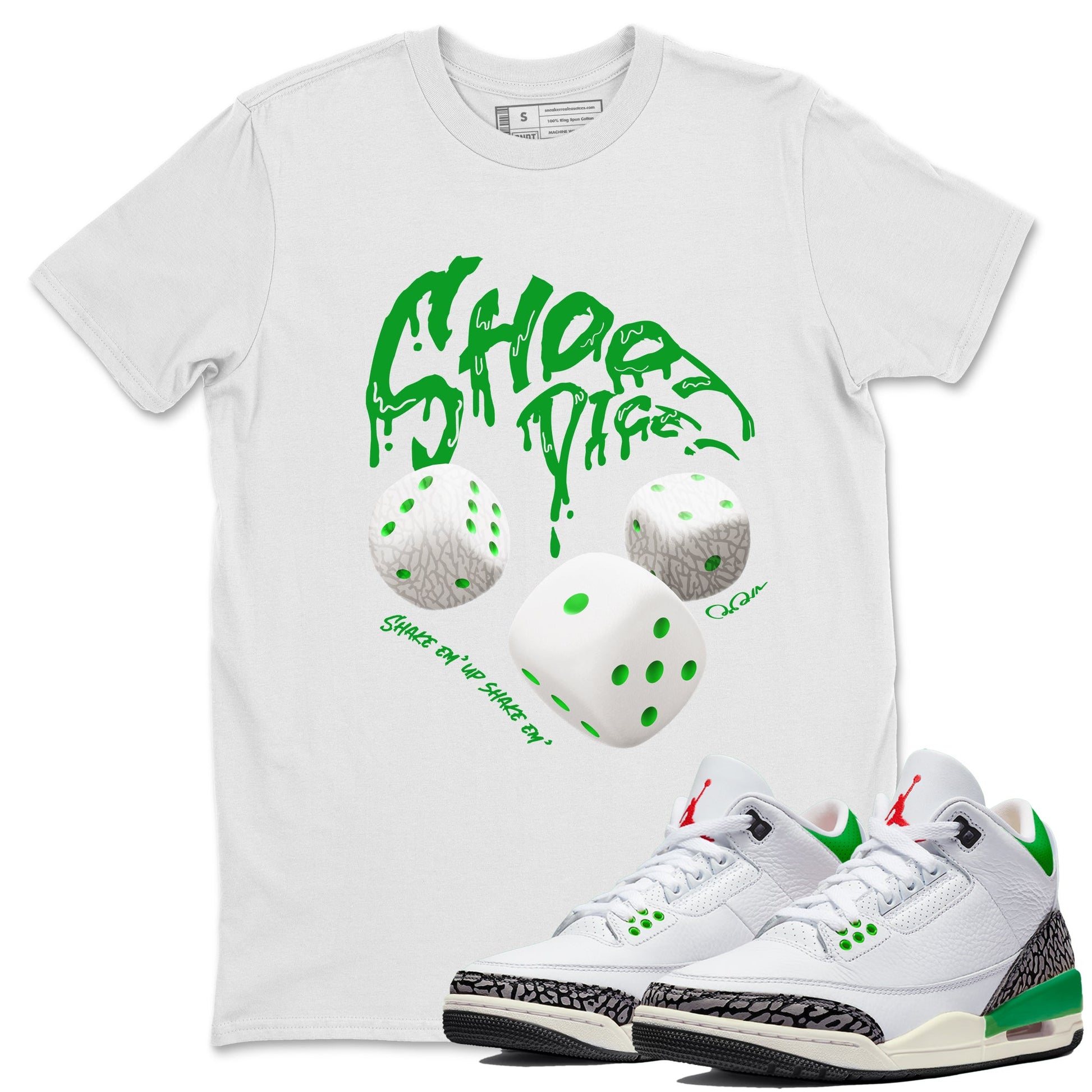 Air Jordan 3 Lucky Green Sneaker Match Tees Shoot Dice Sneaker Tees AJ3 Lucky Green Sneaker Release Tees Unisex Shirts White 1