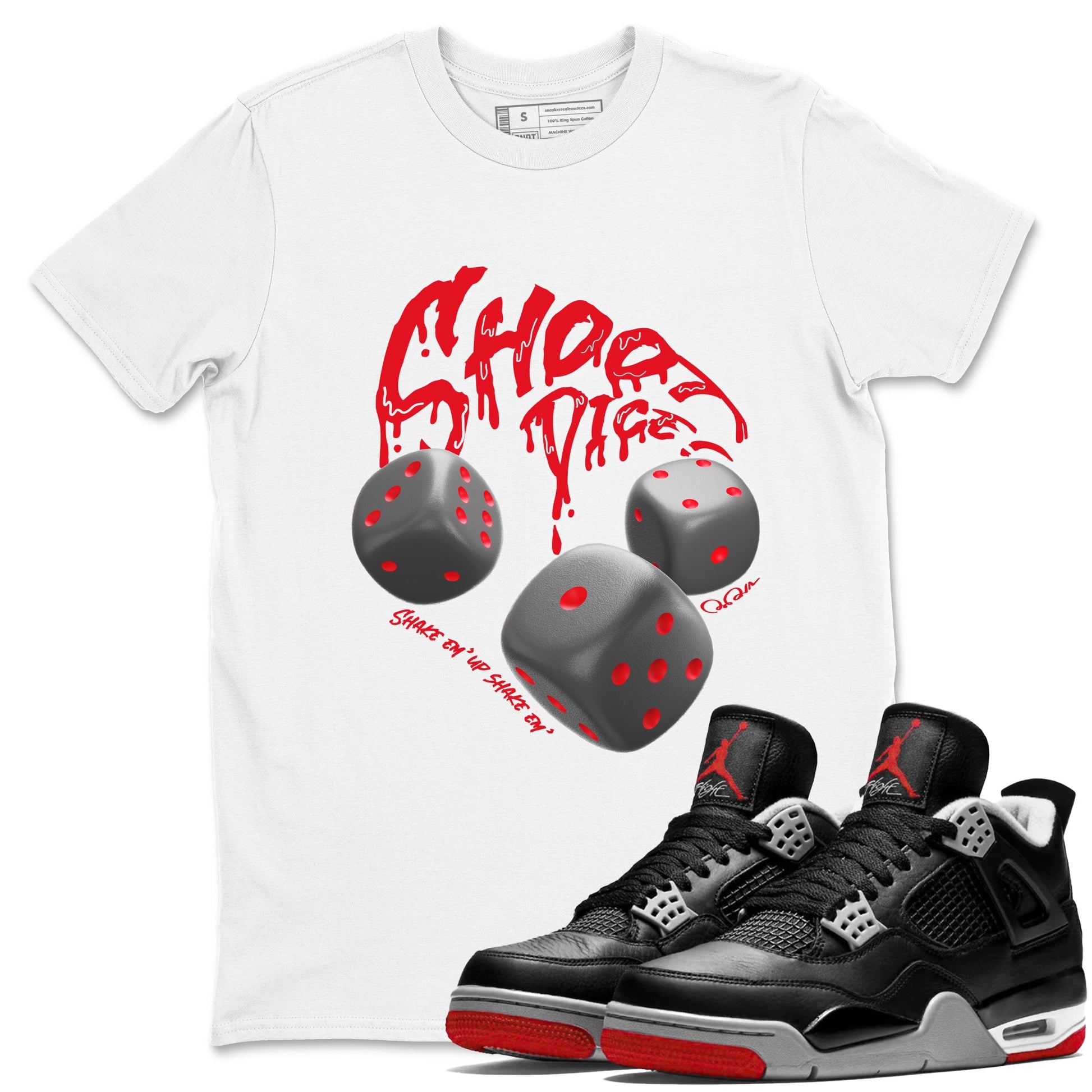 4s Bred Reimagined shirt to match jordans Shoot Dice sneaker tees Air Jordan 4 Bred Reimagined SNRT Sneaker Release Tees unisex cotton White 1 crew neck shirt