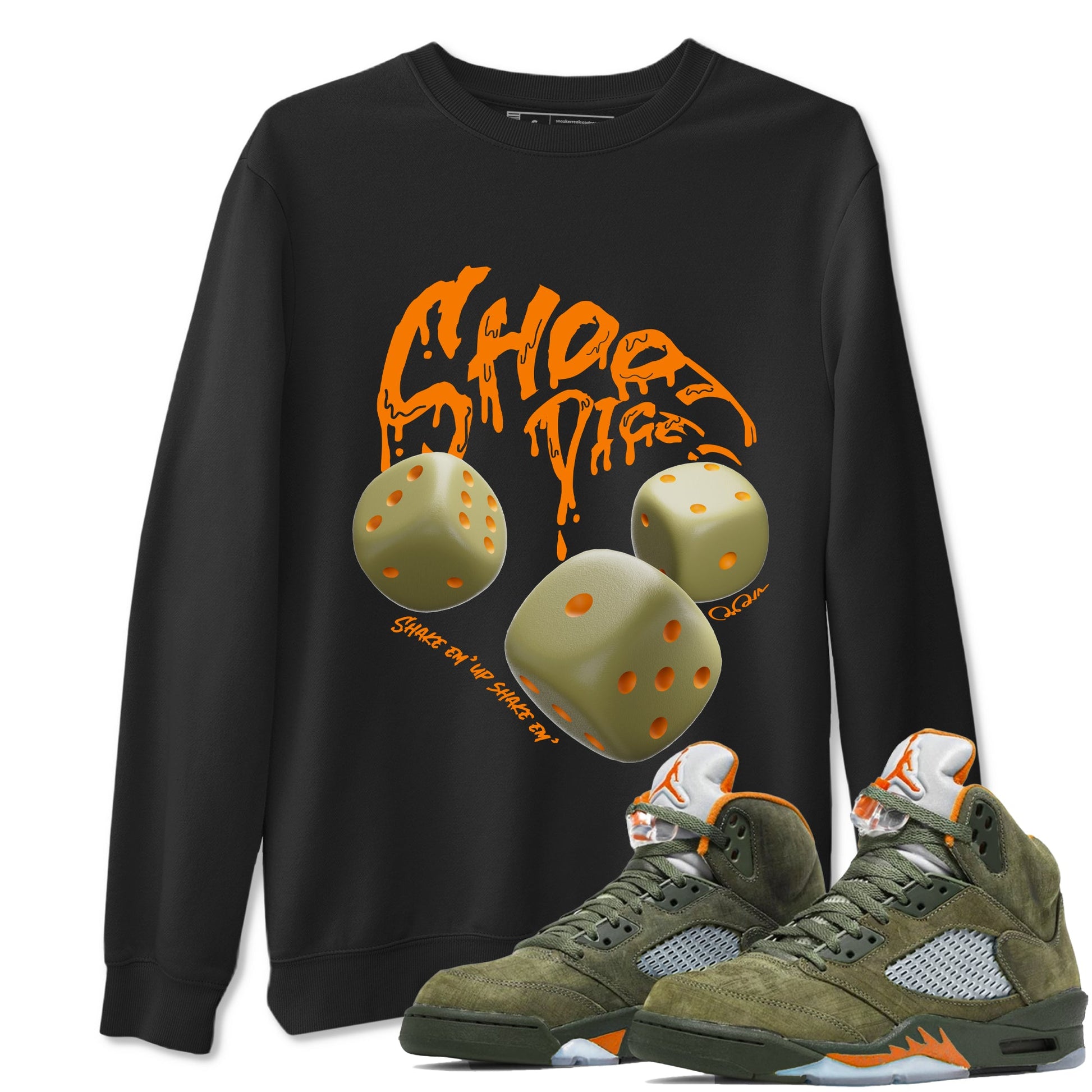 Air Jordan 5 Olive shirt to match jordans Shoot Dice sneaker tees AJ5 Olive SNRT Sneaker Release Tees unisex cotton Black 1 crew neck shirt