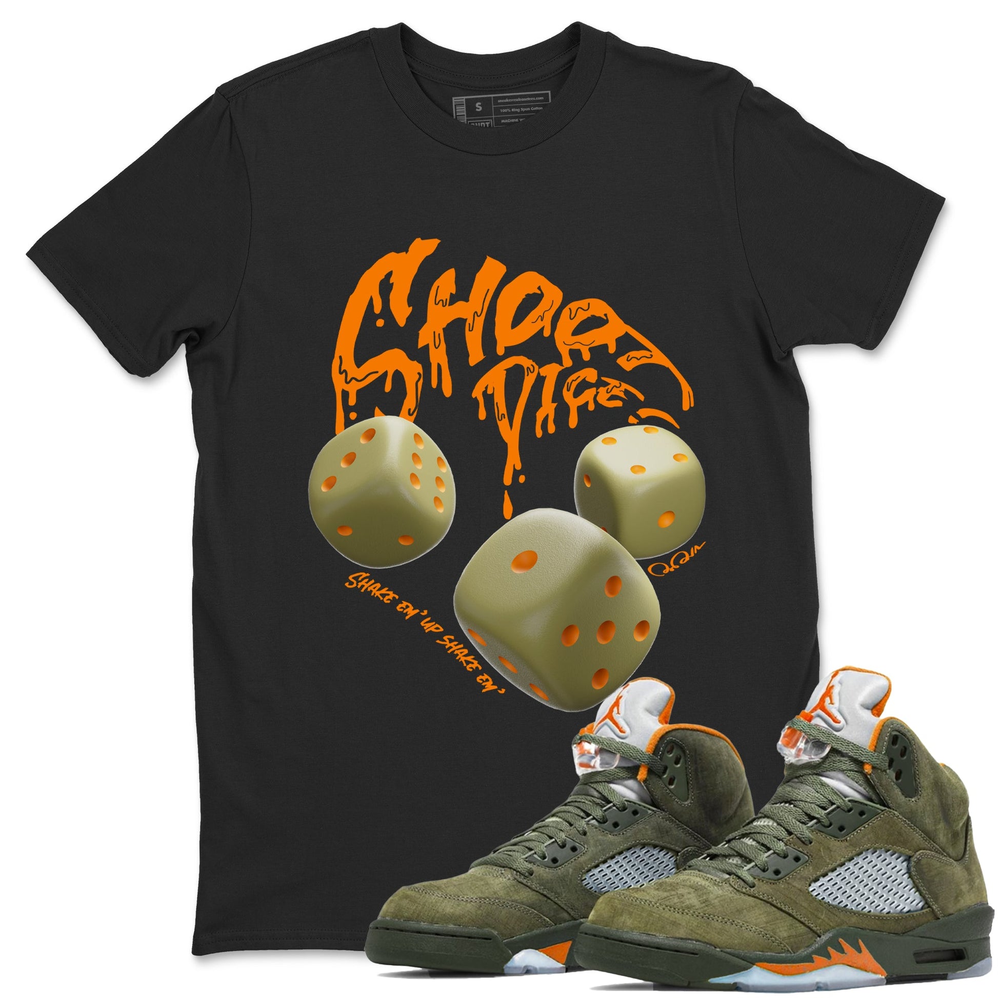 Air Jordan 5 Olive shirt to match jordans Shoot Dice sneaker tees AJ5 Olive SNRT Sneaker Release Tees unisex cotton Black 1 crew neck shirt