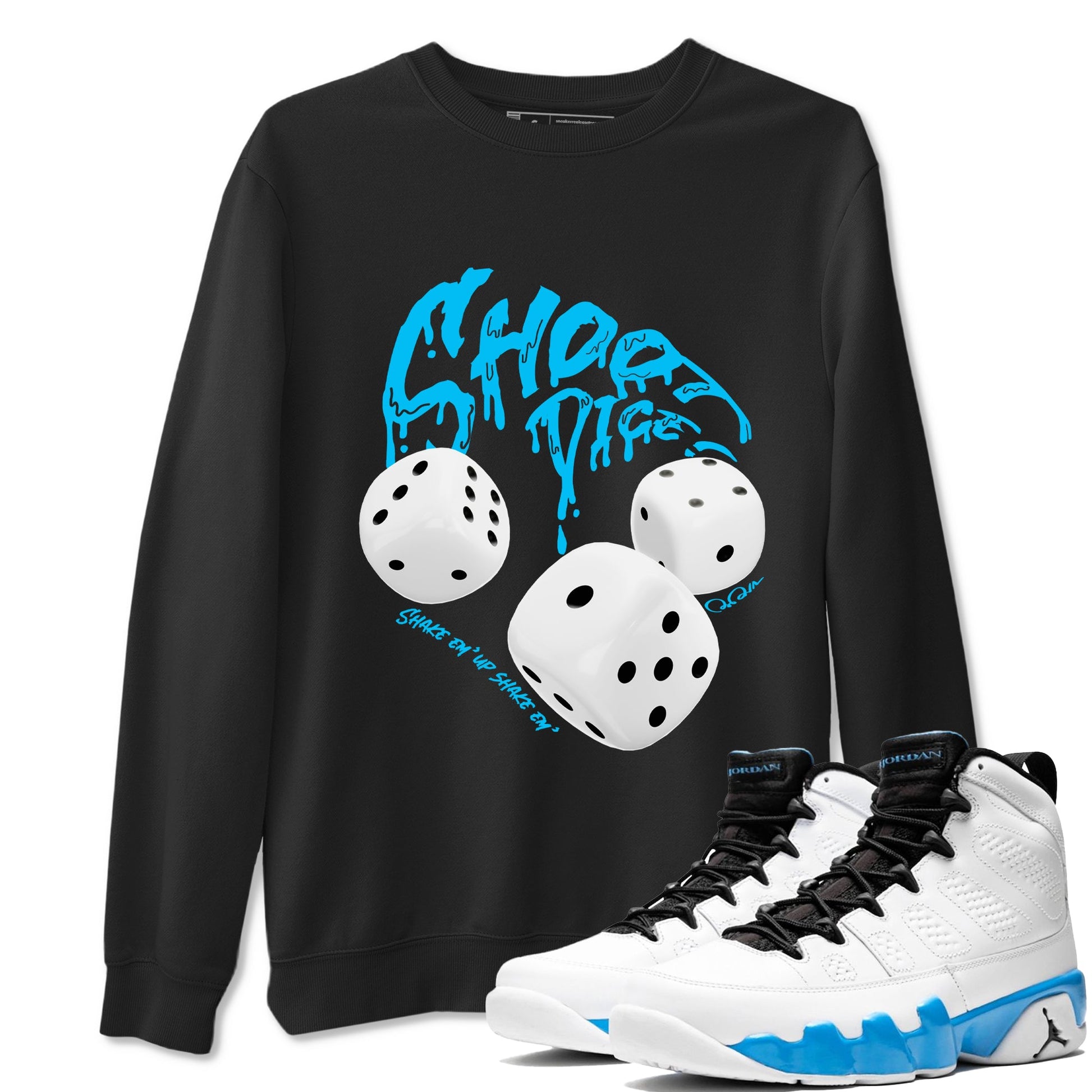 Air Jordan 9 Powder Blue shirt to match jordans Shoot Dice sneaker tees AJ9 Powder Blue SNRT Sneaker Release Tees unisex cotton Black 1 crew neck shirt