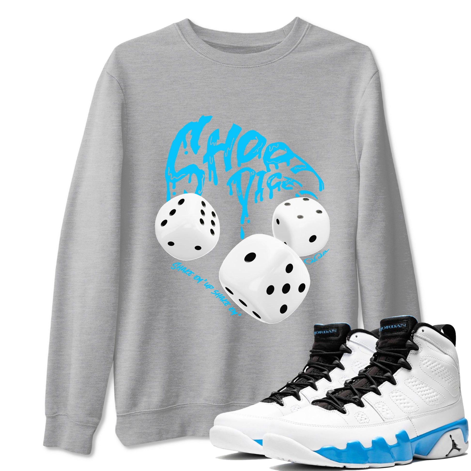 Air Jordan 9 Powder Blue shirt to match jordans Shoot Dice sneaker tees AJ9 Powder Blue SNRT Sneaker Release Tees unisex cotton Heather Grey 1 crew neck shirt