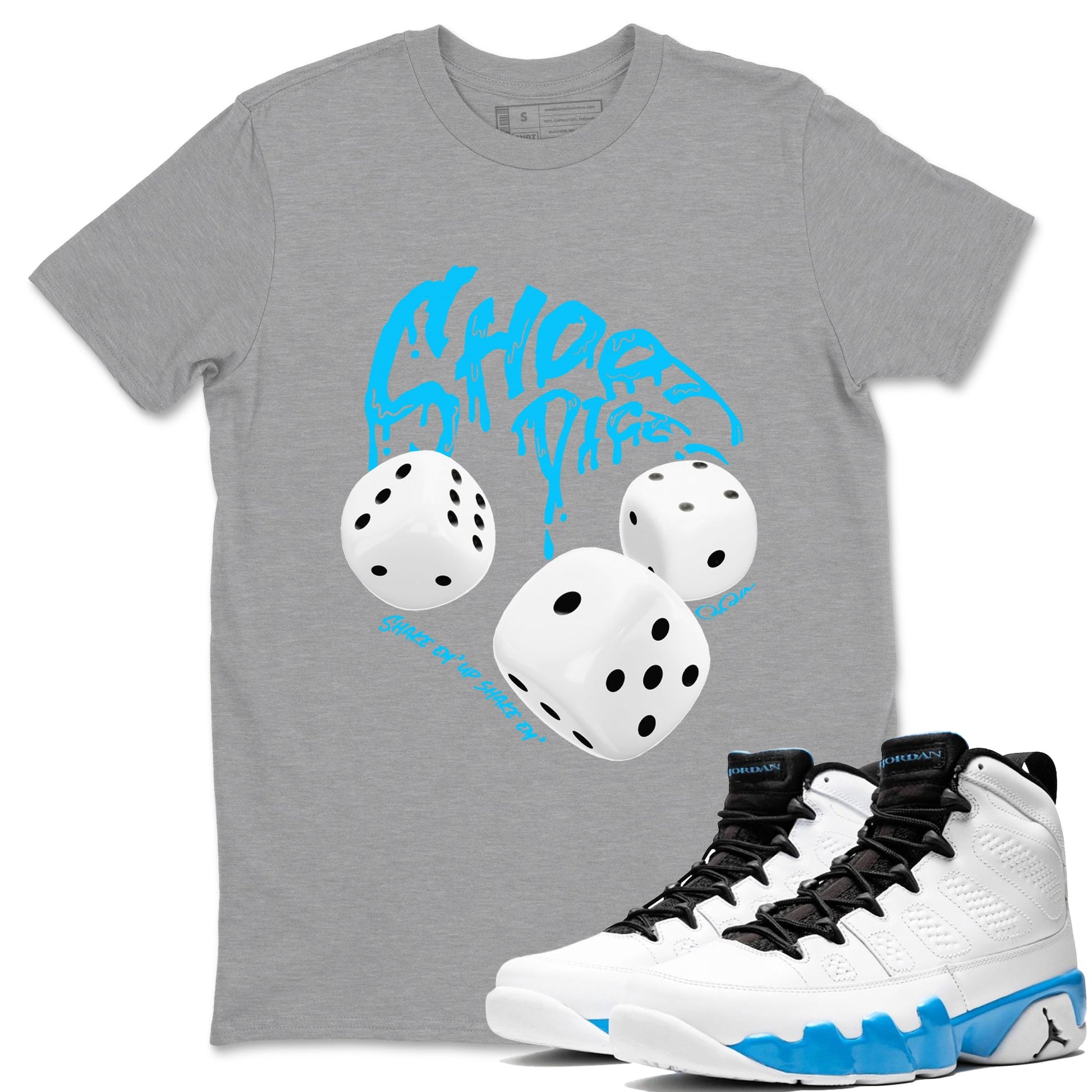 Air Jordan 9 Powder Blue shirt to match jordans Shoot Dice sneaker tees AJ9 Powder Blue SNRT Sneaker Release Tees unisex cotton Heather Grey 1 crew neck shirt