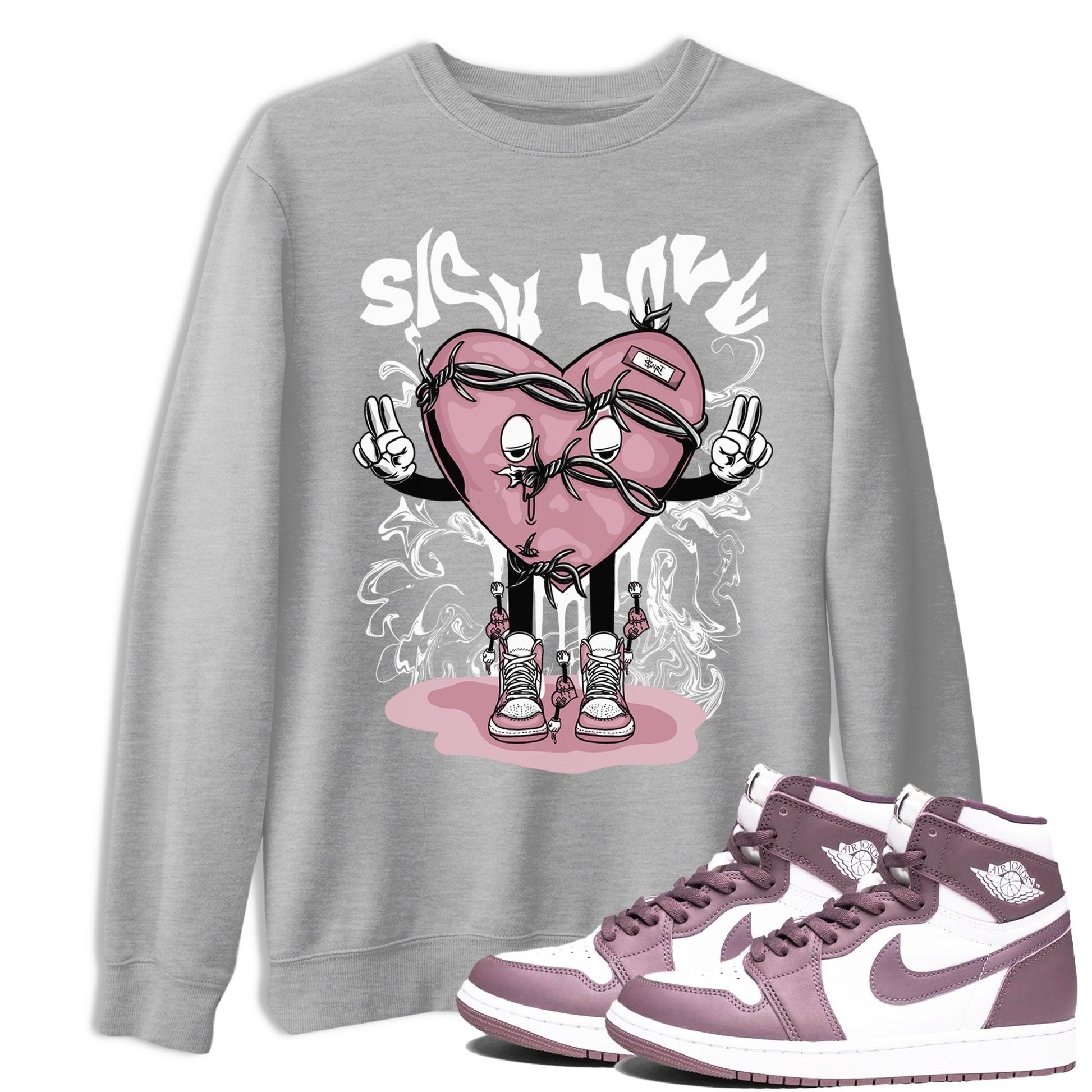 Air Jordan 1 Mauve shirt to match jordans Sick Love sneaker tees AJ1 High OG Mauve SNRT Sneaker Release Tees Crew Neck T-ShirtUnisex Heather Grey 1 T-Shirt