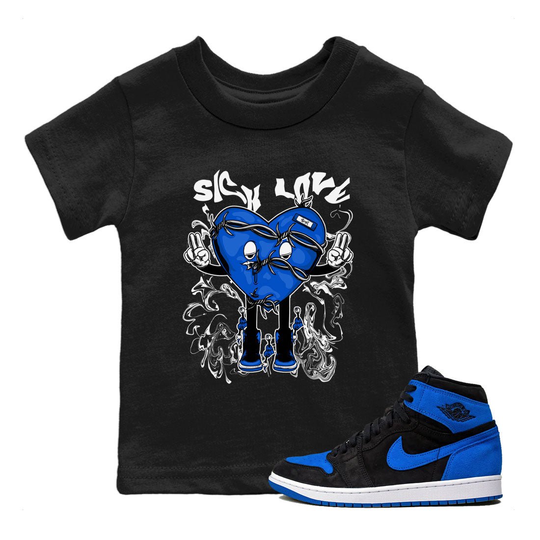 Jordan 1 High OG Royal Reimagined shirt to match jordans Sick Love sneaker tees Air Jordan 1 Royal Reimagined SNRT Sneaker Release Tees Crew Neck T-ShirtBaby Toddler Black 1 T-Shirt