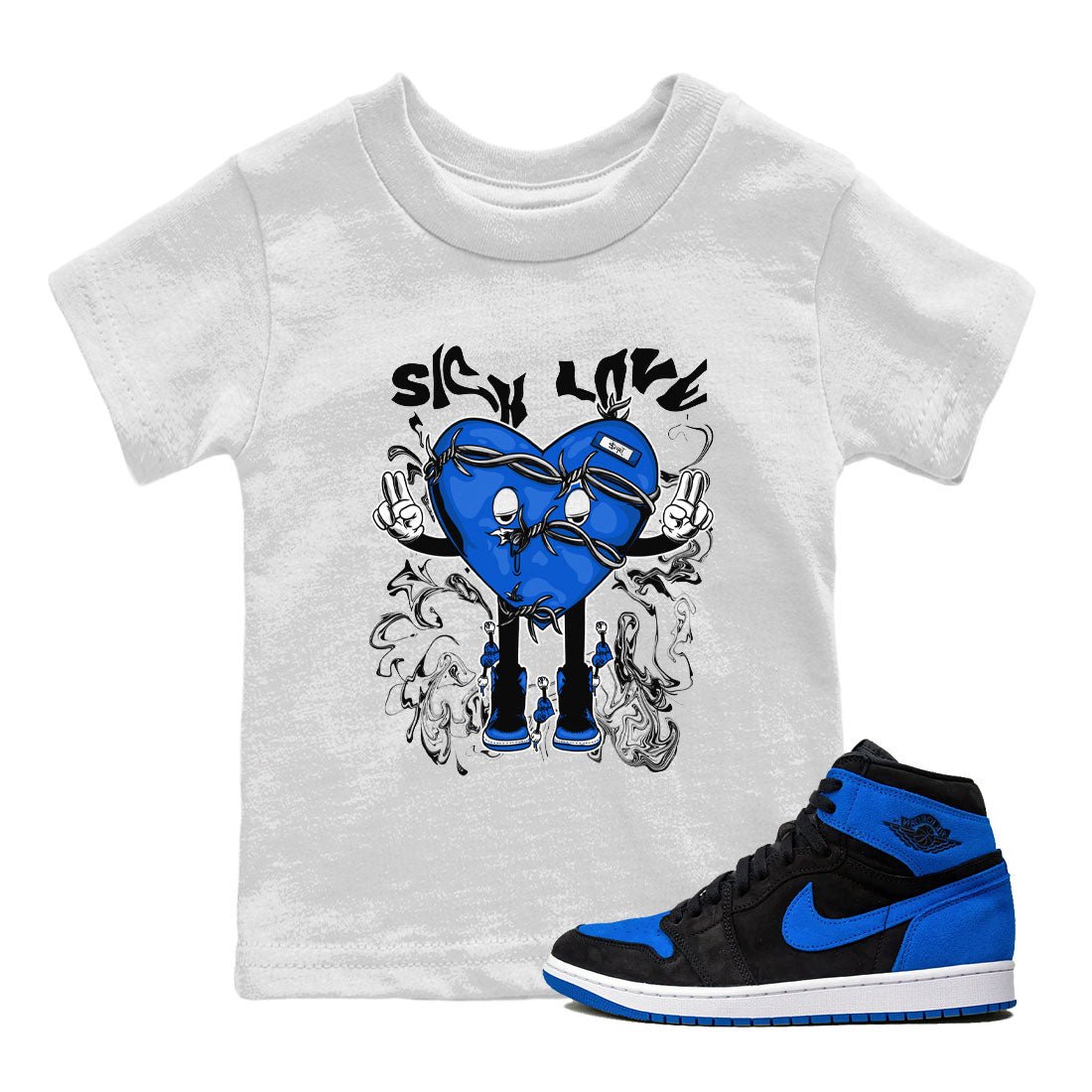 Jordan 1 High OG Royal Reimagined shirt to match jordans Sick Love sneaker tees Air Jordan 1 Royal Reimagined SNRT Sneaker Release Tees Crew Neck T-ShirtBaby Toddler White 1 T-Shirt