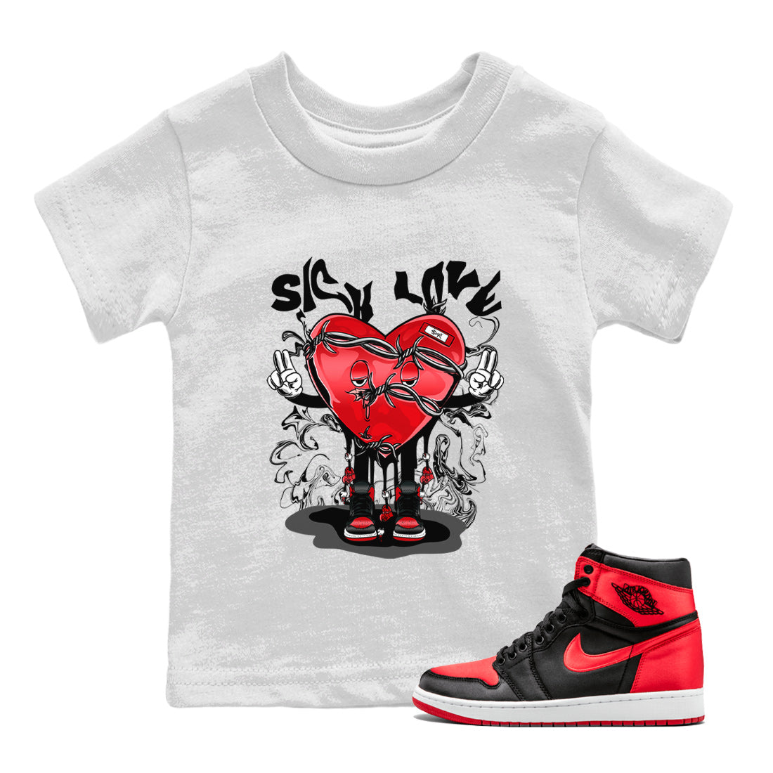 Air Jordan 1 Satin Bred Sneaker Match Tees Sick Love Sneaker Tees Jordan 1 High OG Satin Bred Sneaker Release Tees Kids Shirts White 1