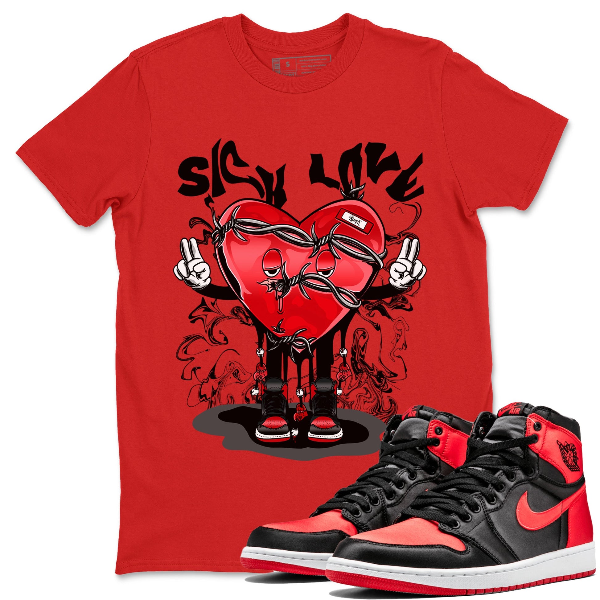 Air Jordan 1 Satin Bred Sneaker Match Tees Sick Love Sneaker Tees Jordan 1 High OG Satin Bred Sneaker Release Tees Unisex Shirts Red 1