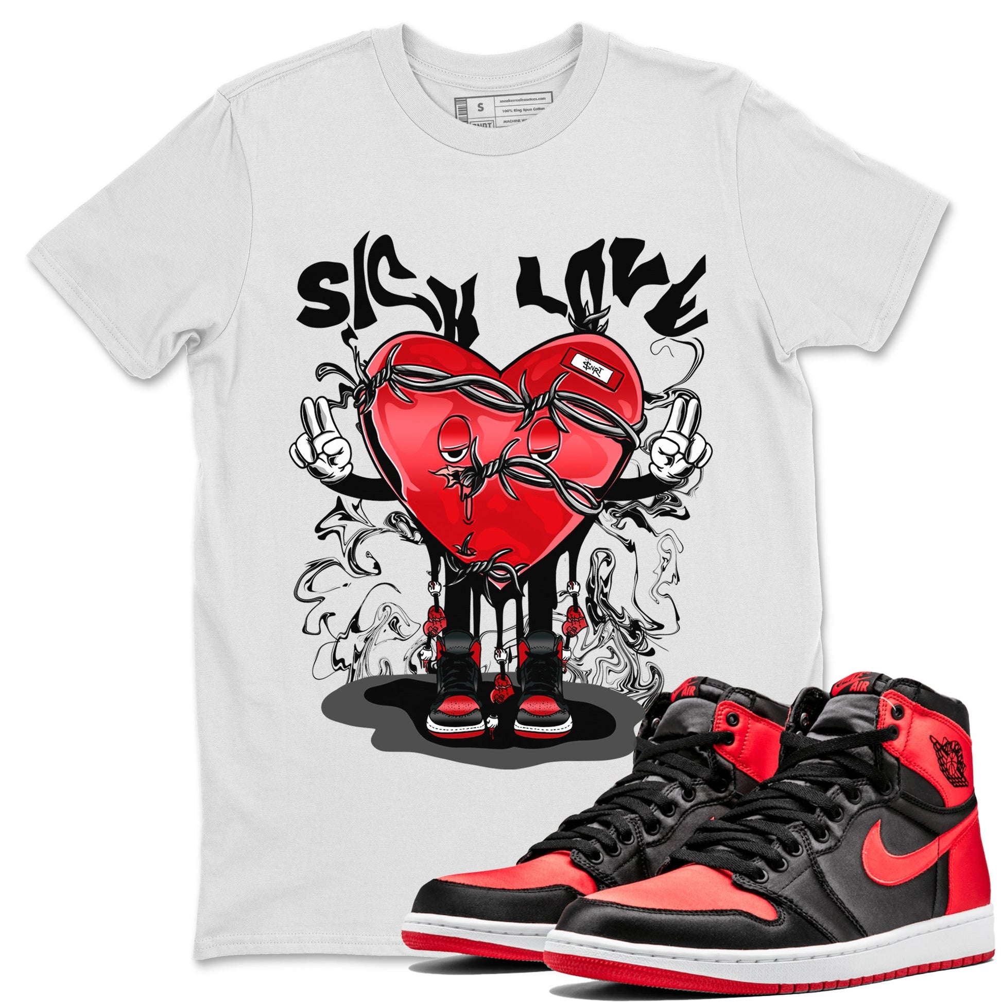 Air Jordan 1 Satin Bred Sneaker Match Tees Sick Love Sneaker Tees Jordan 1 High OG Satin Bred Sneaker Release Tees Unisex Shirts White 1
