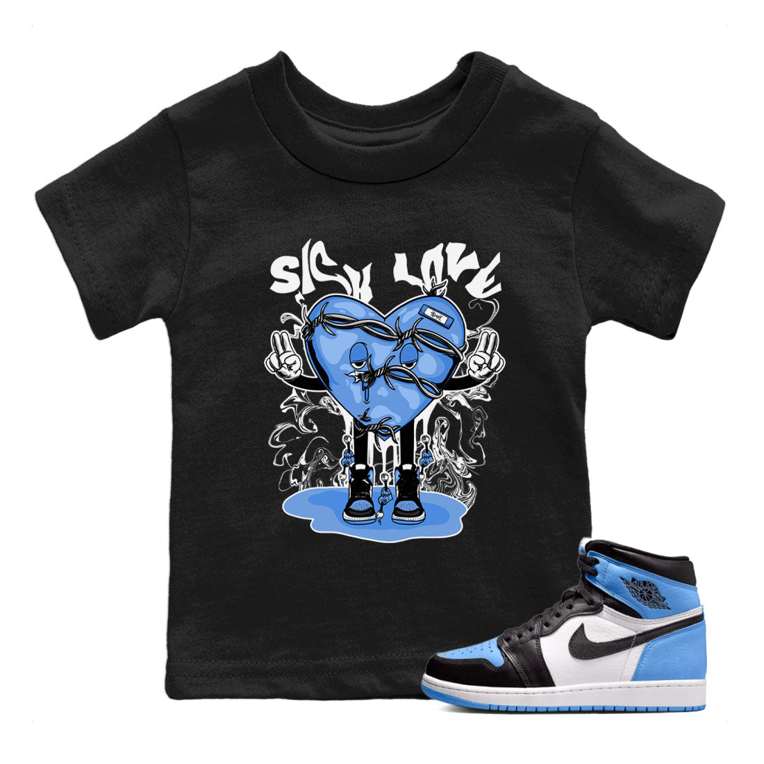 Air Jordan 1 UNC Toe shirt to match jordans Sick Love sneaker tees Air Jordan 1 Retro High OG UNC Toe SNRT Sneaker Release Tees Baby Toddler Black 1 T-Shirt