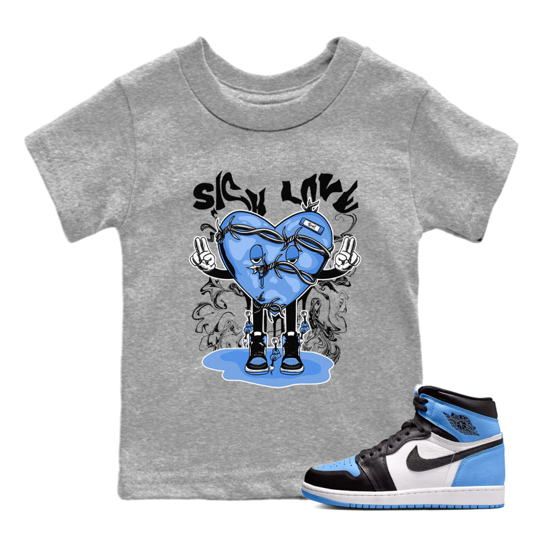 Air Jordan 1 UNC Toe shirt to match jordans Sick Love sneaker tees Air Jordan 1 Retro High OG UNC Toe SNRT Sneaker Release Tees Baby Toddler Heather Grey 1 T-Shirt