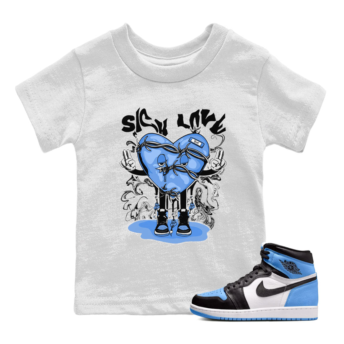 Air Jordan 1 UNC Toe shirt to match jordans Sick Love sneaker tees Air Jordan 1 Retro High OG UNC Toe SNRT Sneaker Release Tees Baby Toddler White 1 T-Shirt