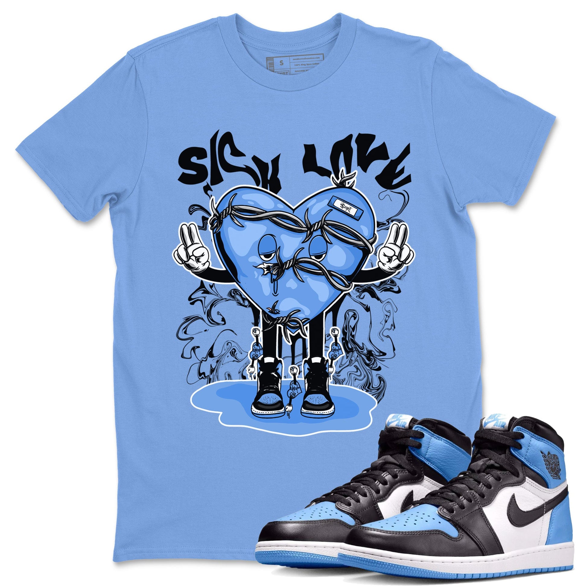 Air Jordan 1 UNC Toe shirt to match jordans Sick Love sneaker tees Air Jordan 1 Retro High OG UNC Toe SNRT Sneaker Release Tees Unisex Carolina Blue 1 T-Shirt