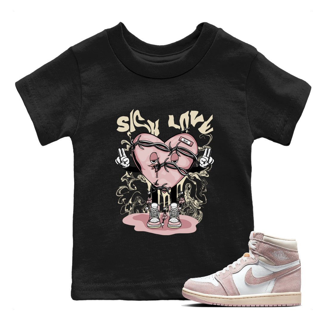 Air Jordan 1 Washed Pink Sneaker Match Tees Sick Love Sneaker Tees Jordan 1 High OG Washed Pink Sneaker Release Tees Kids Shirts Black 1