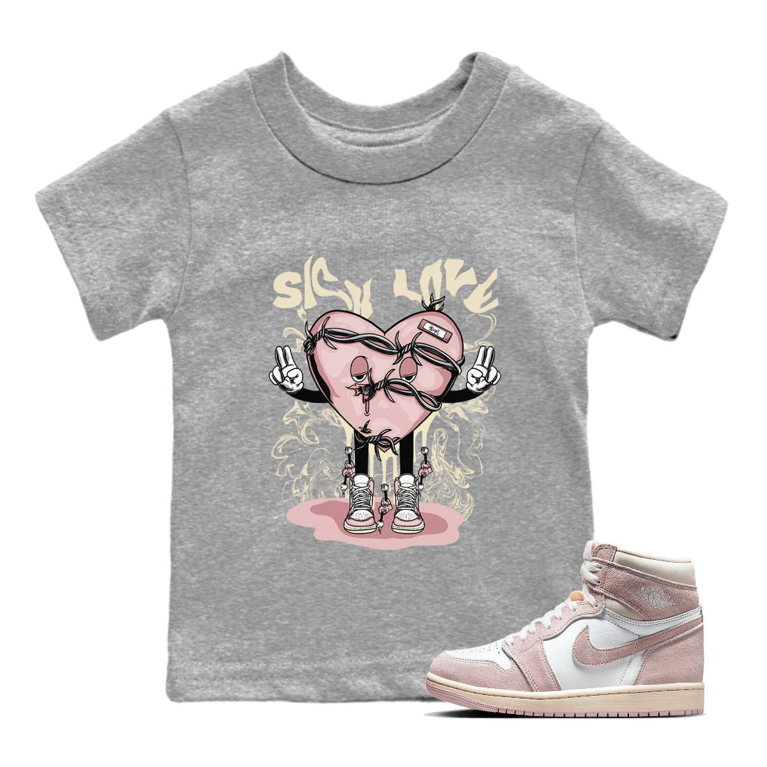 Air Jordan 1 Washed Pink Sneaker Match Tees Sick Love Sneaker Tees Jordan 1 High OG Washed Pink Sneaker Release Tees Kids Shirts Heather Grey 1