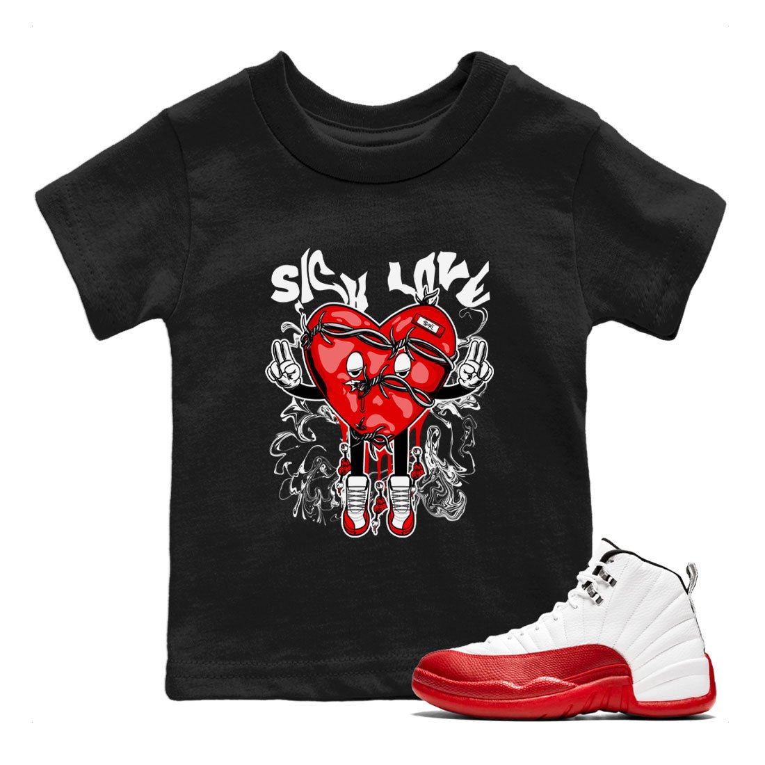 Air Jordan 12 Retro Cherry shirt to match jordans Sick Love sneaker tees Air Jordan 12 Cherry SNRT Sneaker Release Tees Crew Neck T-ShirtBaby Toddler Black 1 T-Shirt