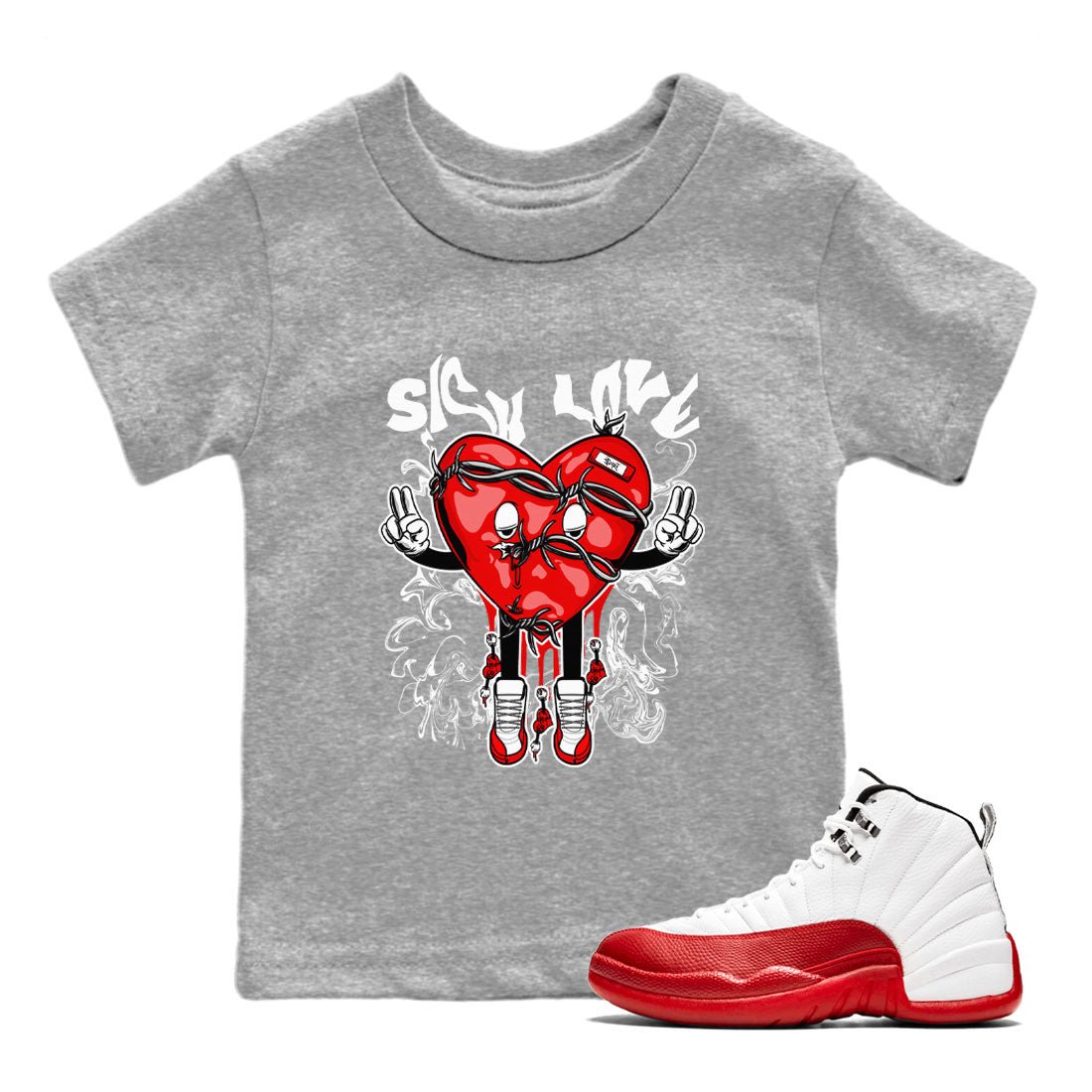 Air Jordan 12 Retro Cherry shirt to match jordans Sick Love sneaker tees Air Jordan 12 Cherry SNRT Sneaker Release Tees Crew Neck T-ShirtBaby Toddler Heather Grey 1 T-Shirt