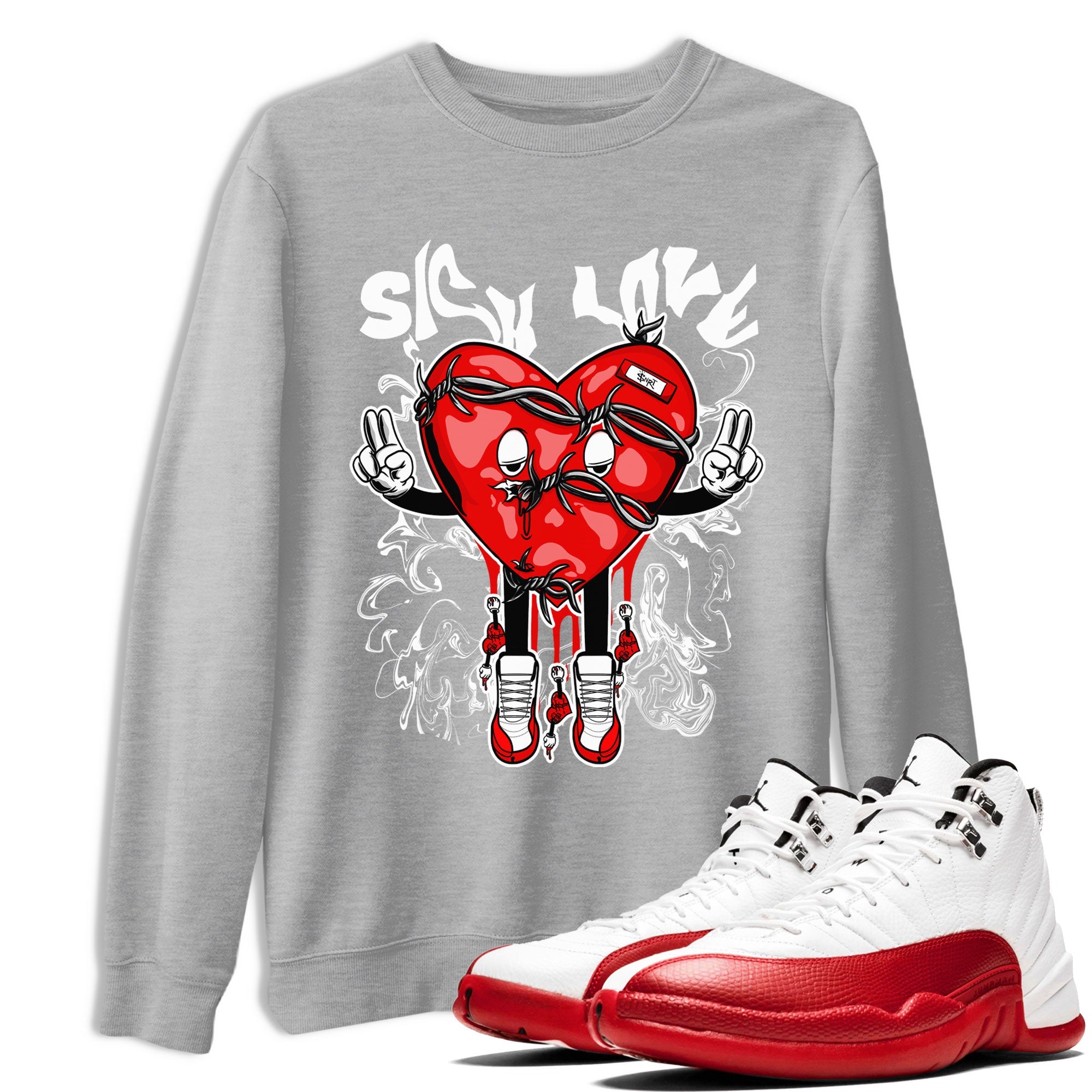 Air Jordan 12 Retro Cherry shirt to match jordans Sick Love sneaker tees Air Jordan 12 Cherry SNRT Sneaker Release Tees Crew Neck T-ShirtUnisex Heather Grey 1 T-Shirt