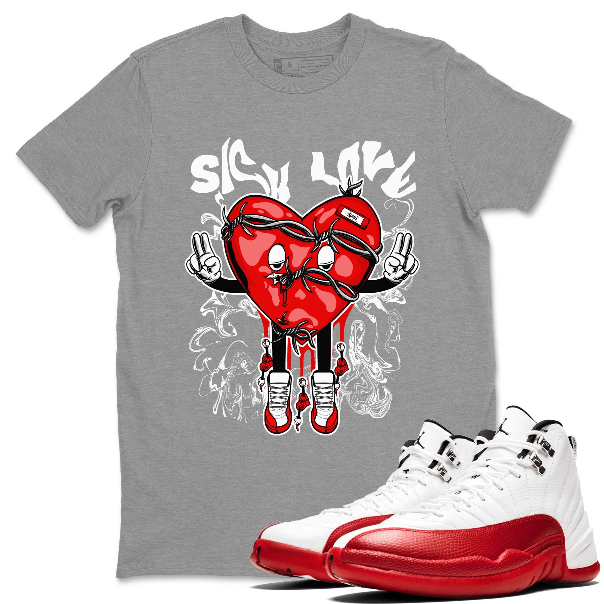 Air Jordan 12 Retro Cherry shirt to match jordans Sick Love sneaker tees Air Jordan 12 Cherry SNRT Sneaker Release Tees Crew Neck T-ShirtUnisex Heather Grey 1 T-Shirt