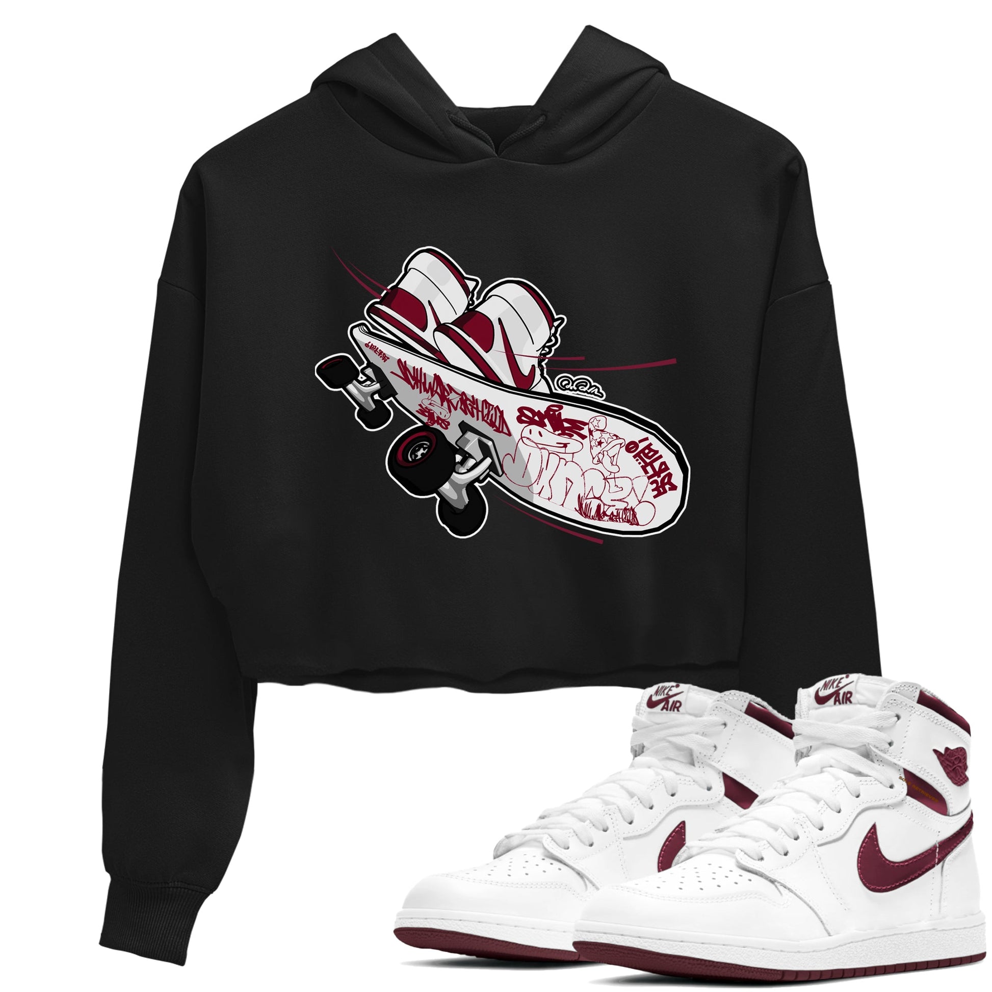 1s Metallic Burgundy shirt to match jordans Skateboard sneaker tees AJ1 Metallic Burgundy SNRT Sneaker Release Tees Black 1 Crop T-Shirt