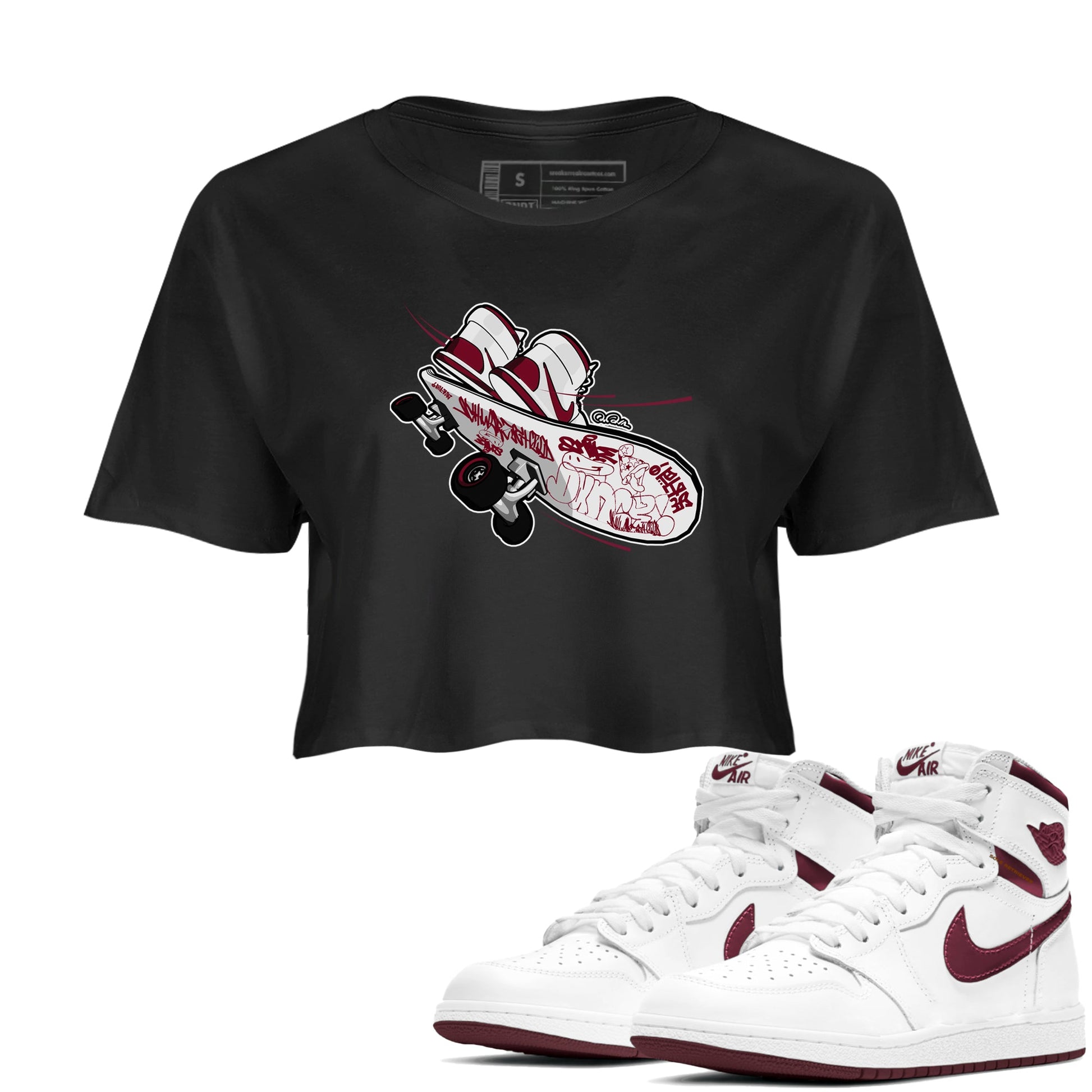 1s Metallic Burgundy shirt to match jordans Skateboard sneaker tees AJ1 Metallic Burgundy SNRT Sneaker Release Tees Black 1 Crop T-Shirt