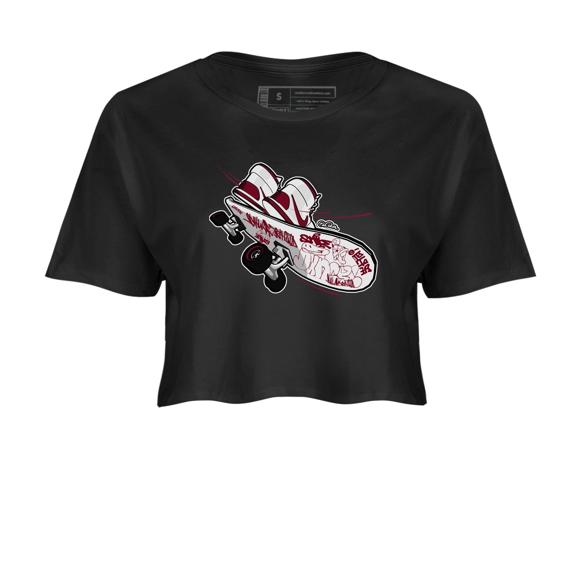 1s Metallic Burgundy shirt to match jordans Skateboard sneaker tees AJ1 Metallic Burgundy SNRT Sneaker Release Tees Black 2 Crop T-Shirt