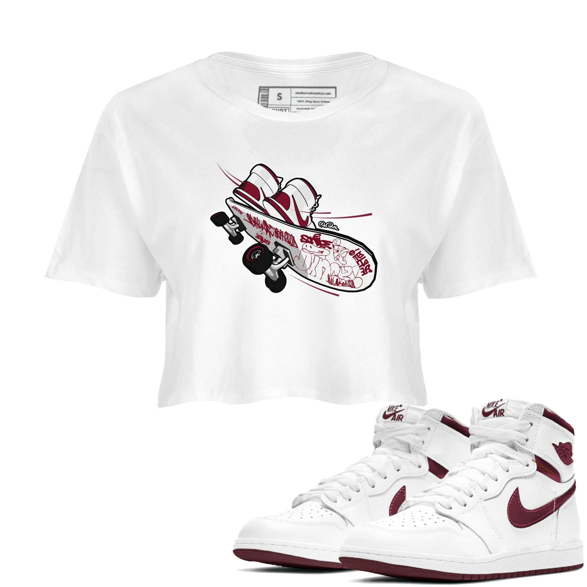 1s Metallic Burgundy shirt to match jordans Skateboard sneaker tees AJ1 Metallic Burgundy SNRT Sneaker Release Tees White 1 Crop T-Shirt