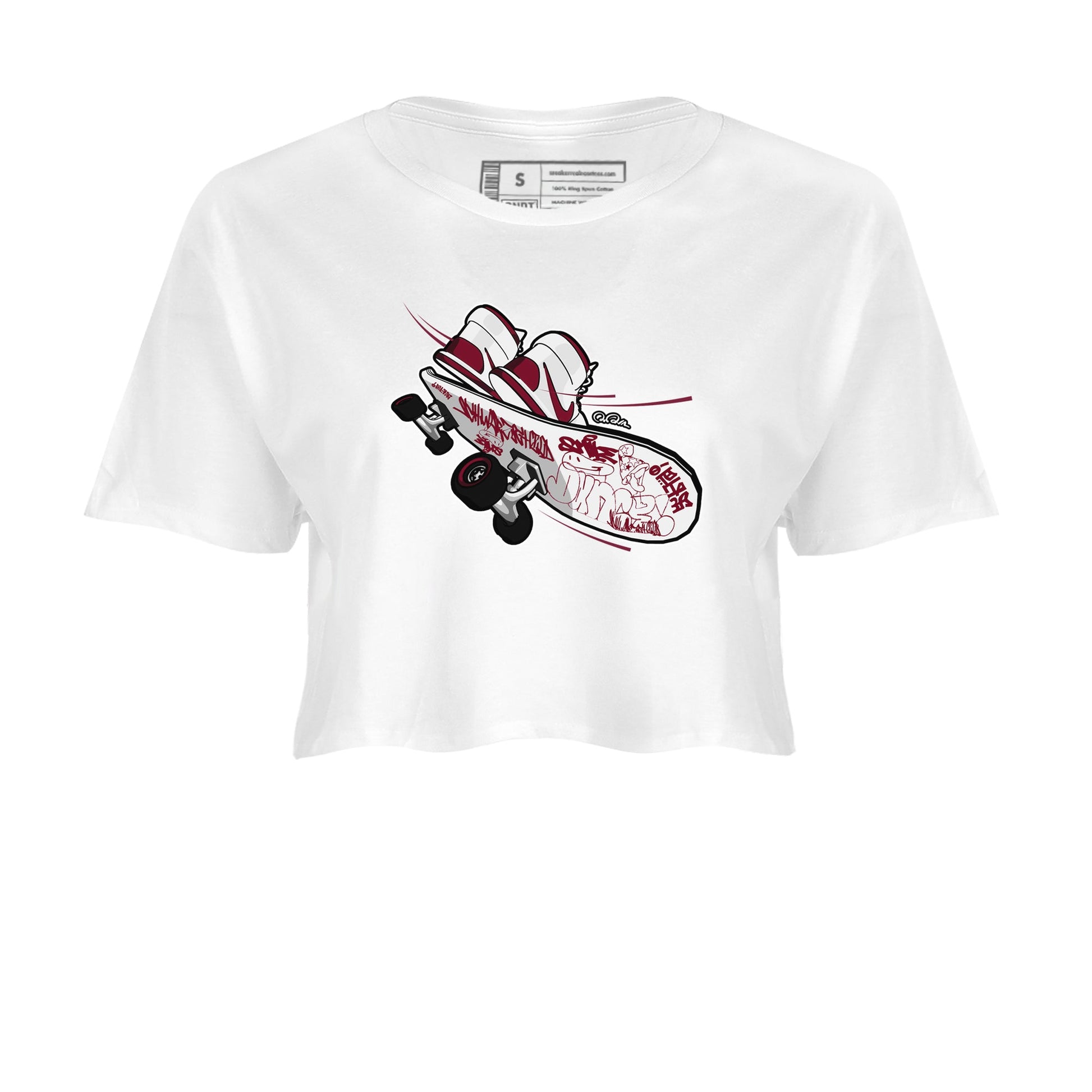1s Metallic Burgundy shirt to match jordans Skateboard sneaker tees AJ1 Metallic Burgundy SNRT Sneaker Release Tees White 2 Crop T-Shirt