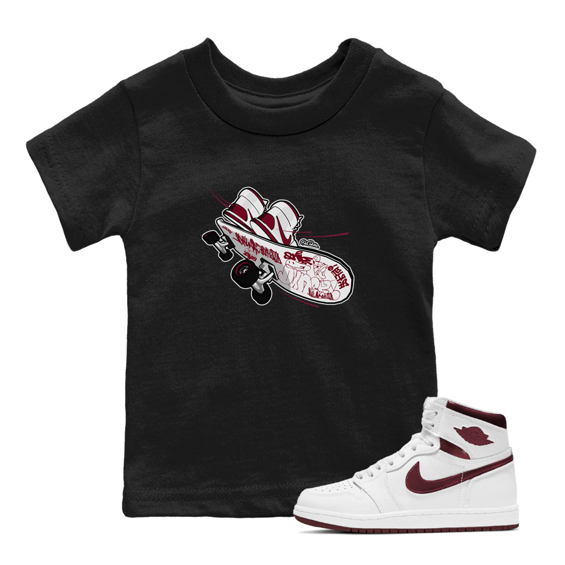 1s Metallic Burgundy shirt to match jordans Skateboard sneaker tees AJ1 Metallic Burgundy SNRT Sneaker Release Tees Baby Toddler Black 1 T-Shirt