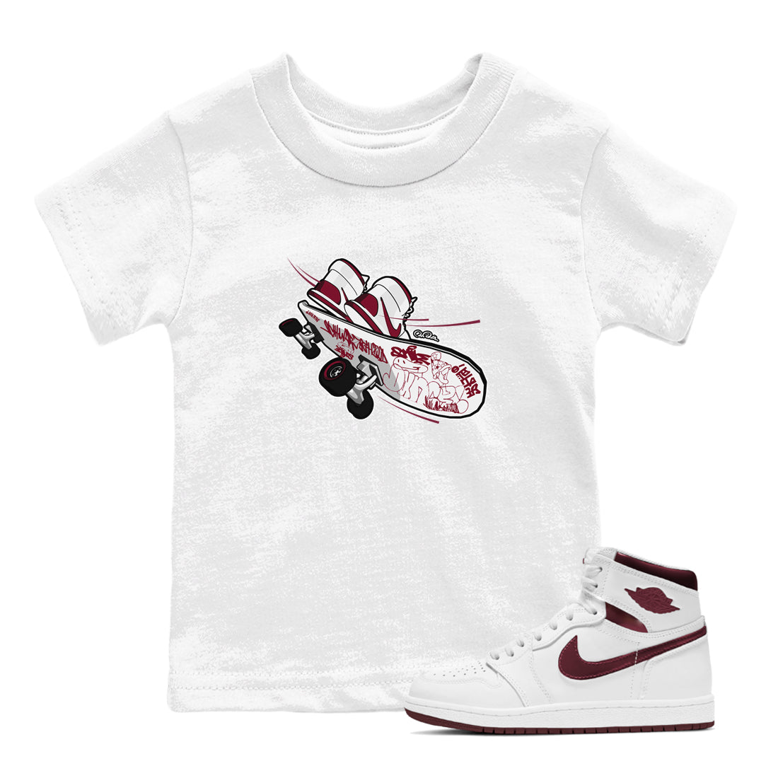 1s Metallic Burgundy shirt to match jordans Skateboard sneaker tees AJ1 Metallic Burgundy SNRT Sneaker Release Tees Baby Toddler White 1 T-Shirt